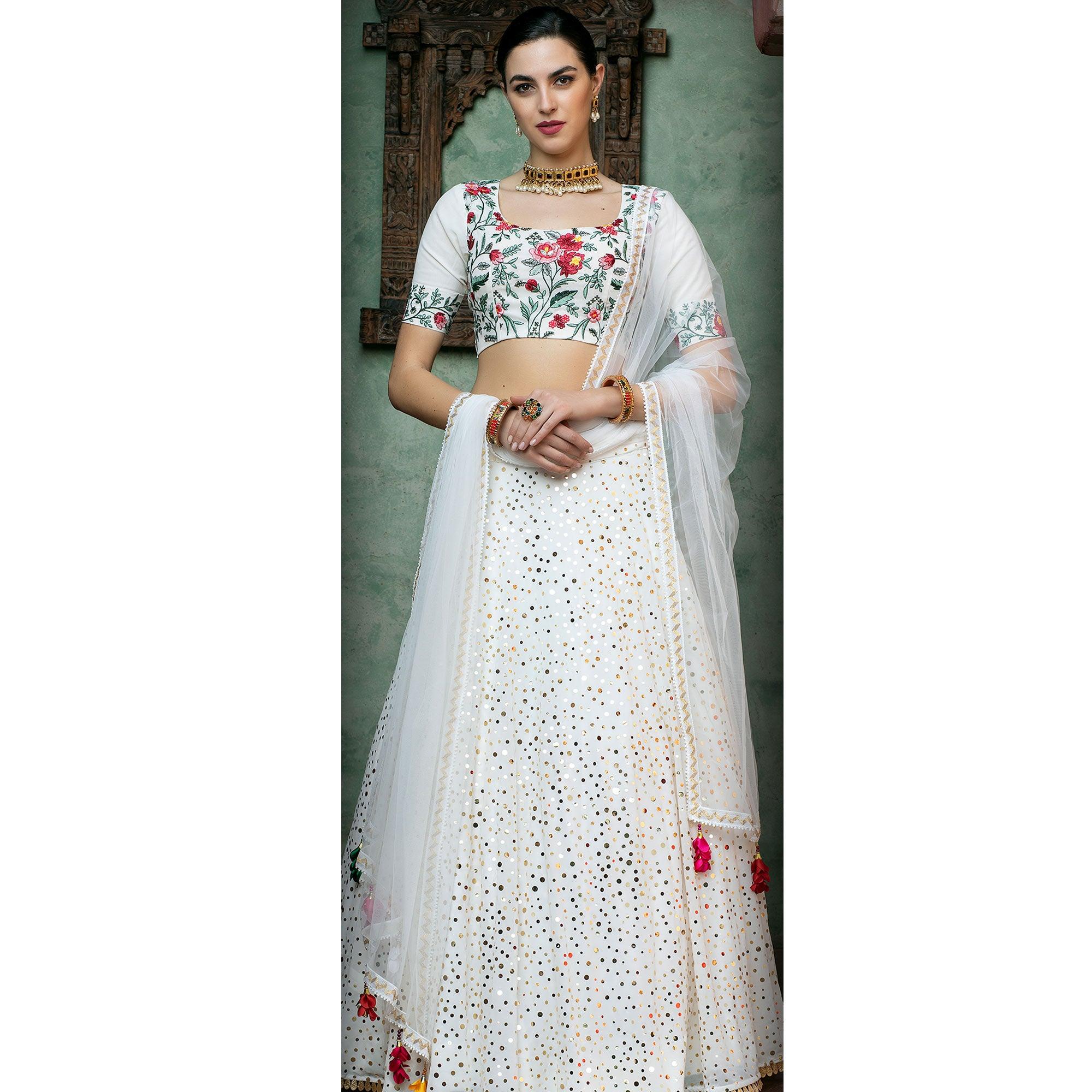 Desirable White Coloured Festive Wear Fancy Sequence Work Georgette Lehenga Choli - Peachmode