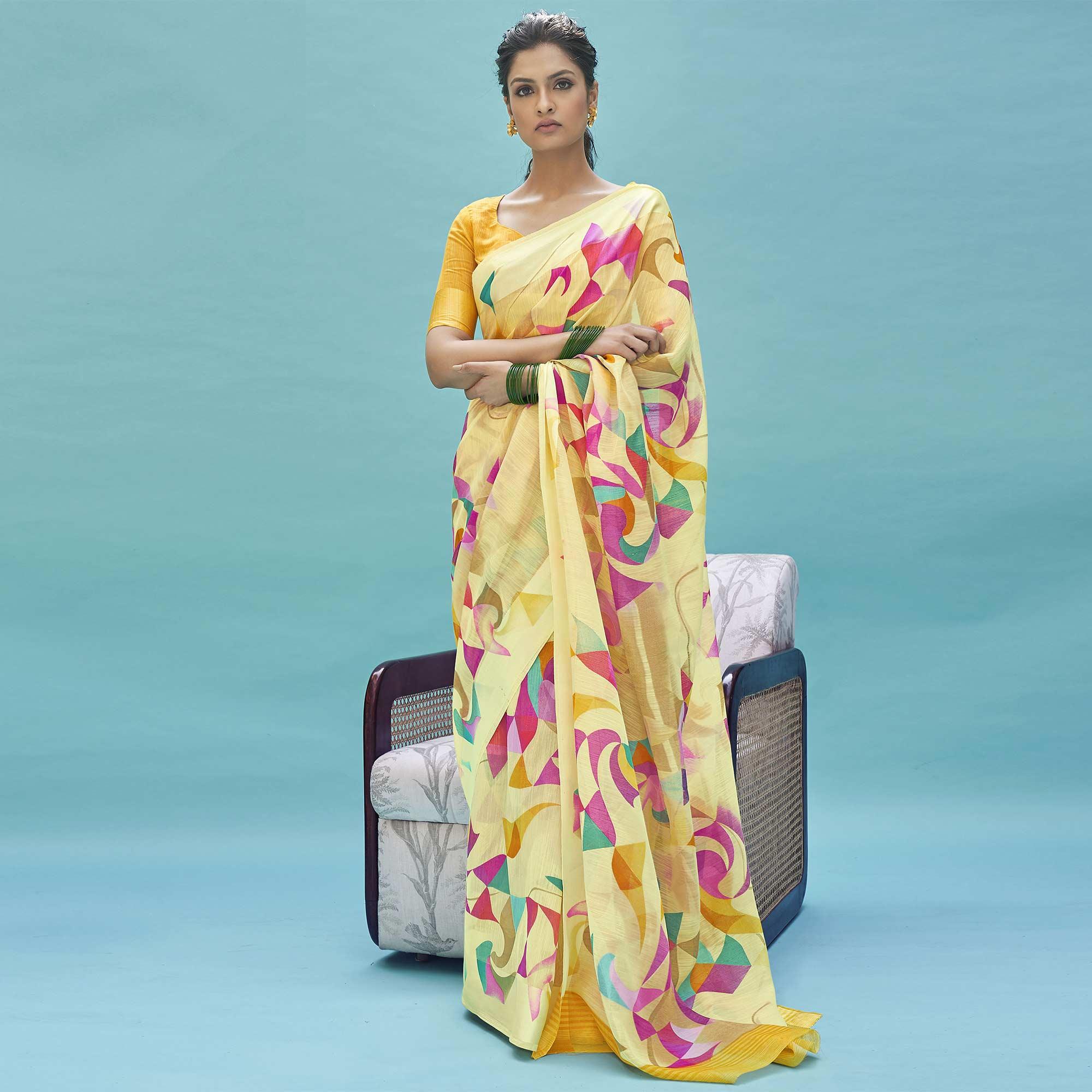 Desirable Yellow Colored Casual Wear Digital Printed Linen Cotton Saree - Peachmode