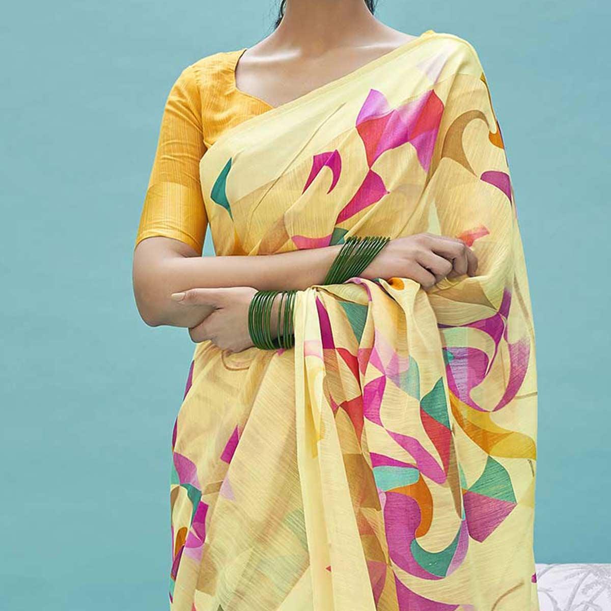 Desirable Yellow Colored Casual Wear Digital Printed Linen Cotton Saree - Peachmode