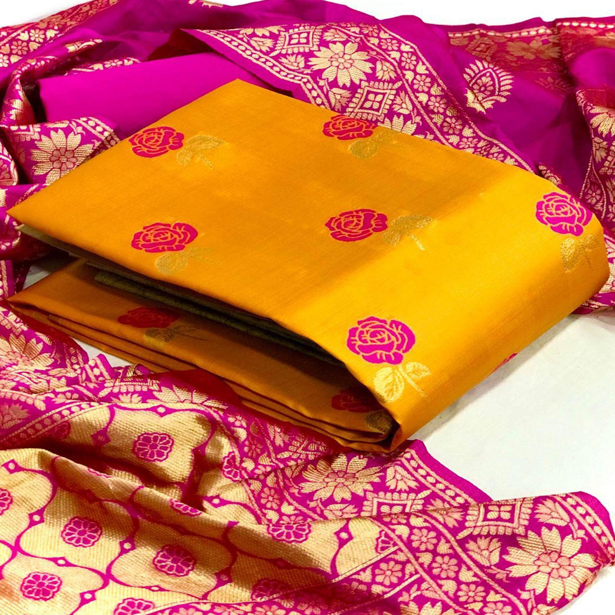 Desirable Yellow Colored Casual Woven Banarasi Silk Dress Material - Peachmode