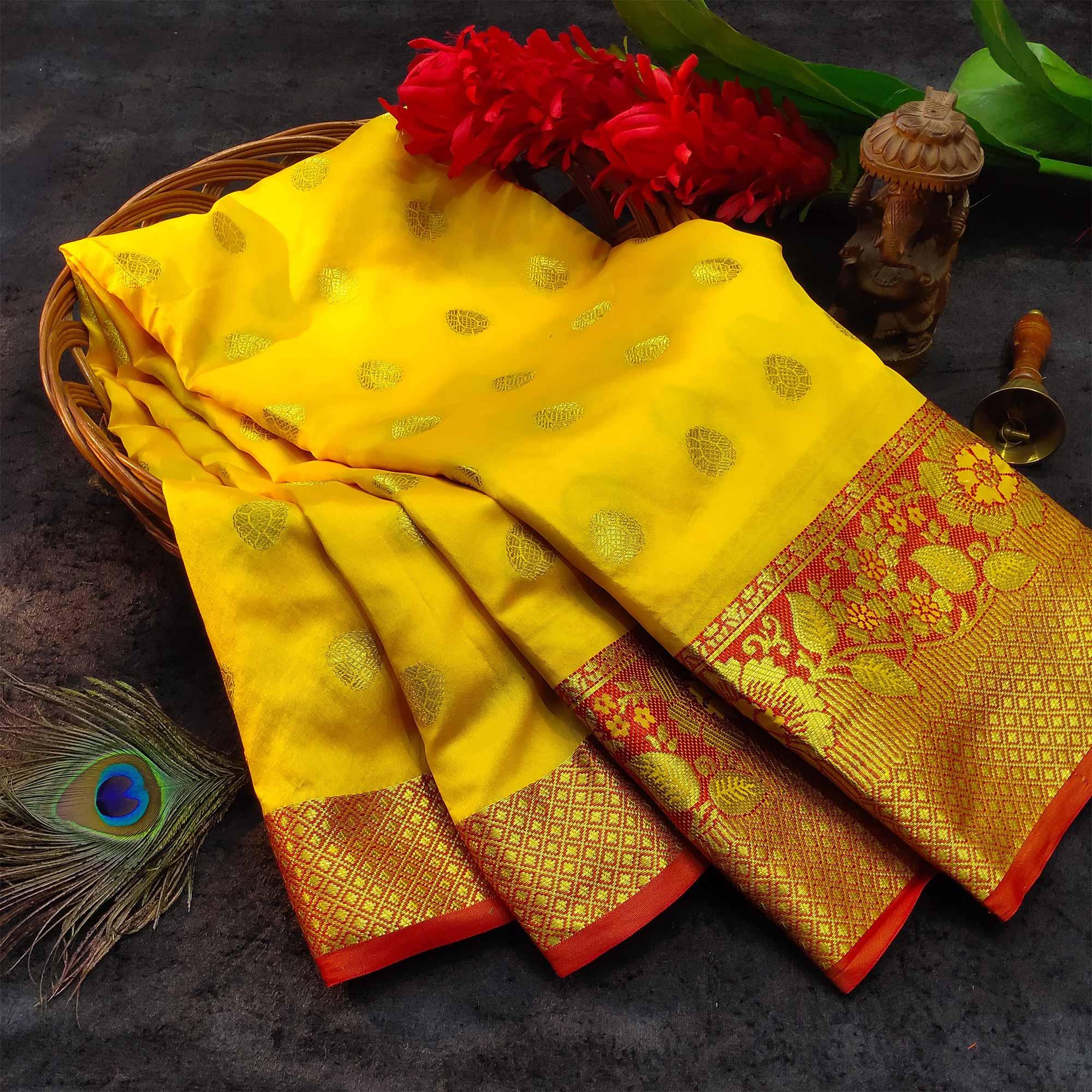 Desirable Yellow Colored Festive Wear Woven Kanjivaram Silk Saree - Peachmode