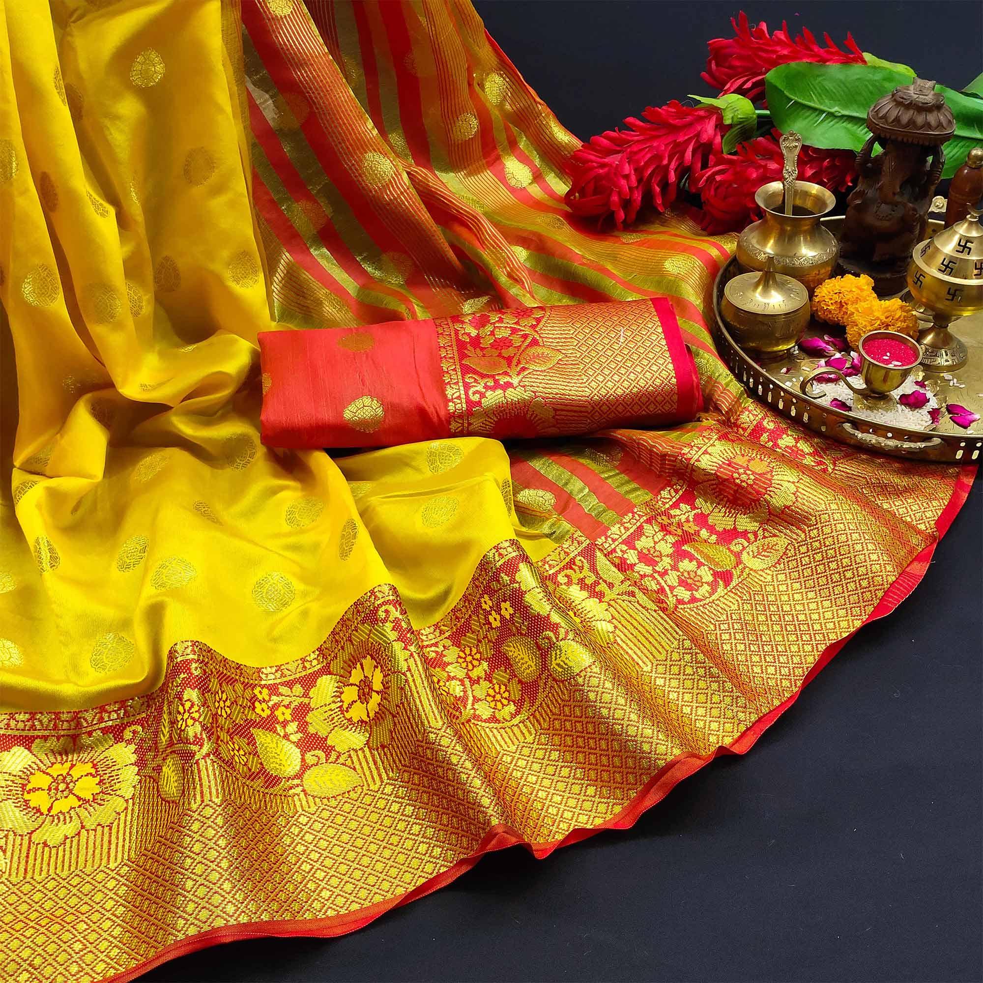 Desirable Yellow Colored Festive Wear Woven Kanjivaram Silk Saree - Peachmode