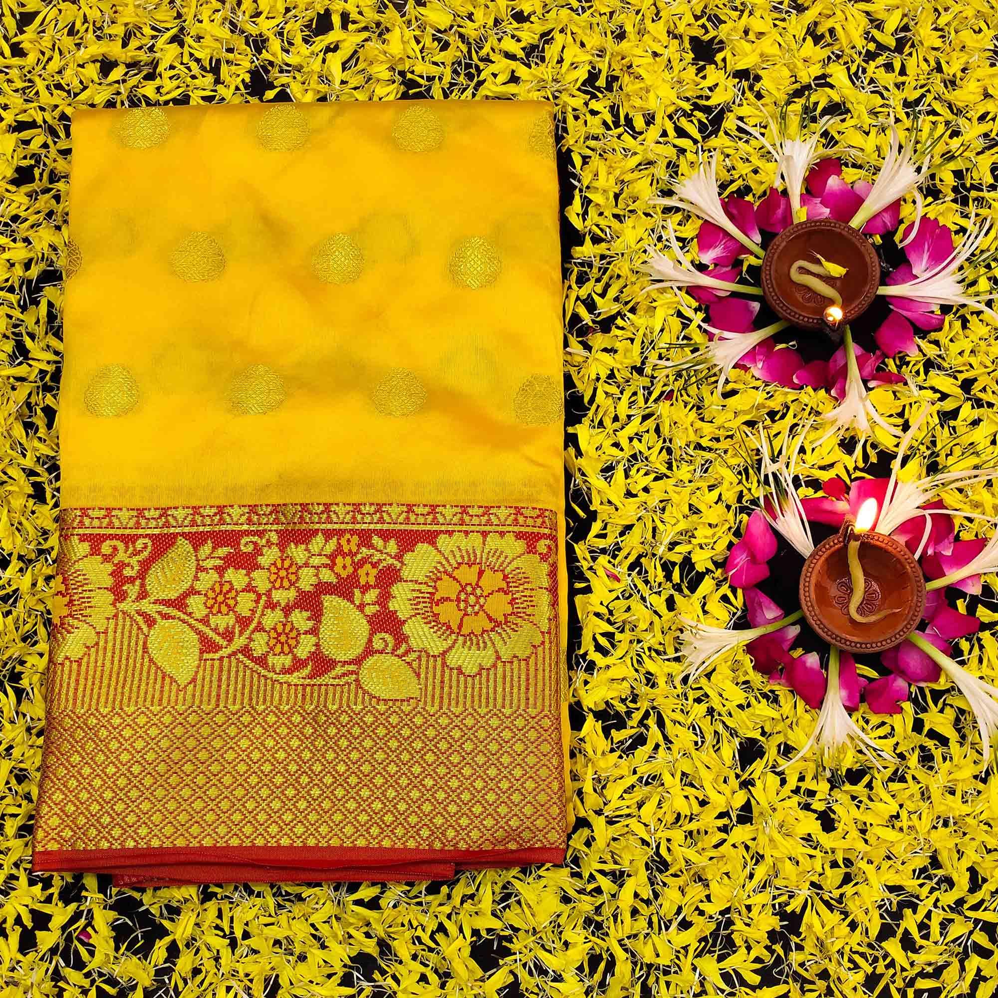 Desirable Yellow Colored Festive Wear Woven Kanjivaram Silk Saree - Peachmode