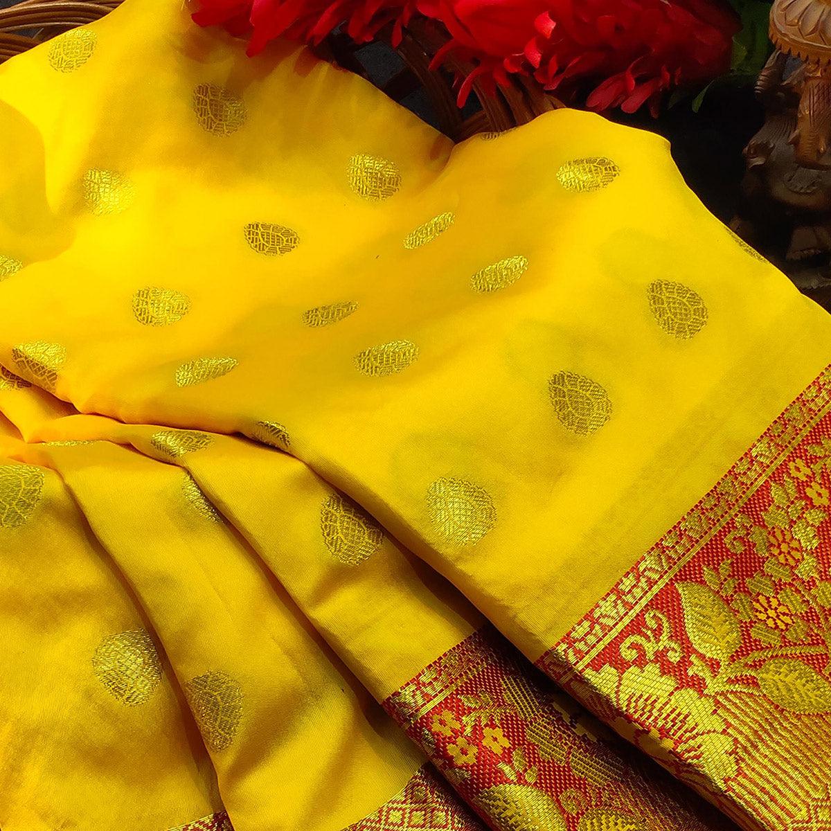Desirable Yellow Colored Festive Wear Woven Kanjivaram Silk Saree - Peachmode