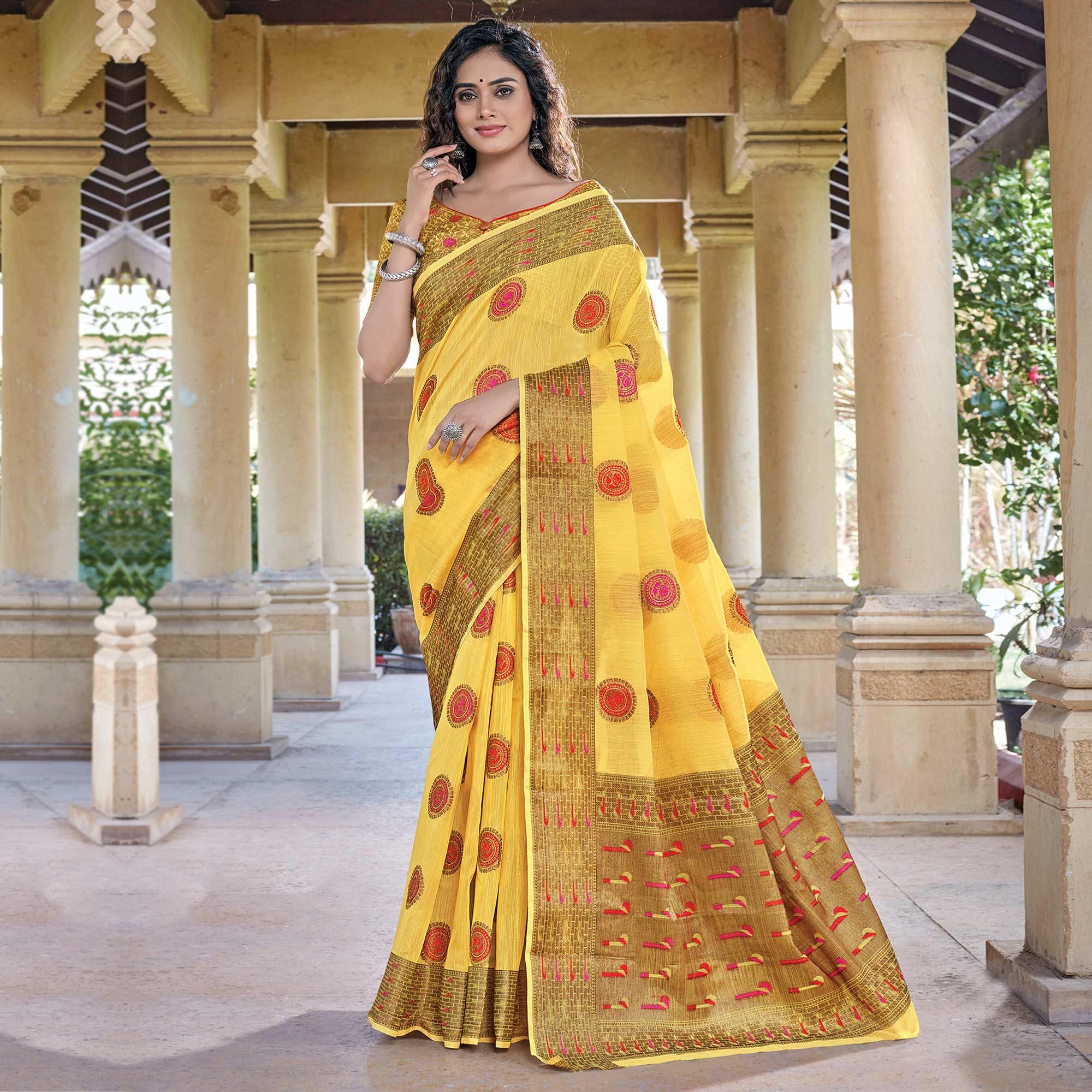 Desirable Yellow Coloured Festive Wear Woven Cotton Handloom Saree - Peachmode