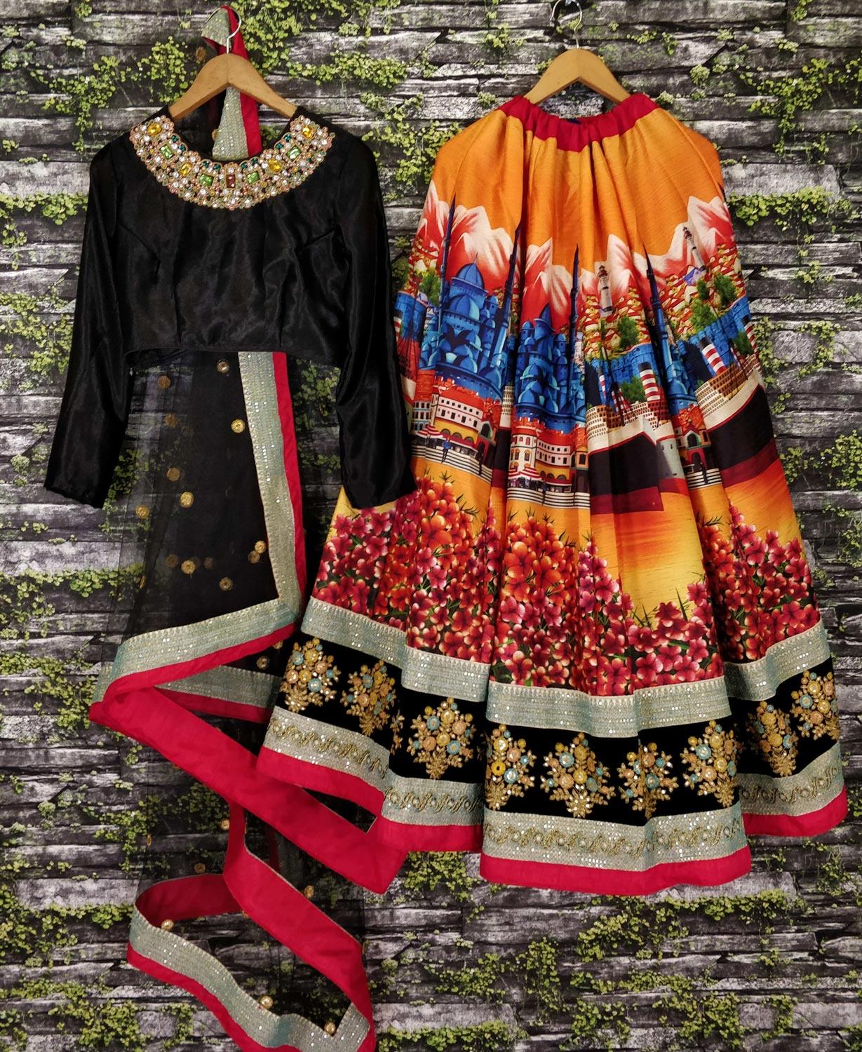 Desiring Black Colored Partywear Designer Embroidered Art Silk Lehenga Choli - Peachmode