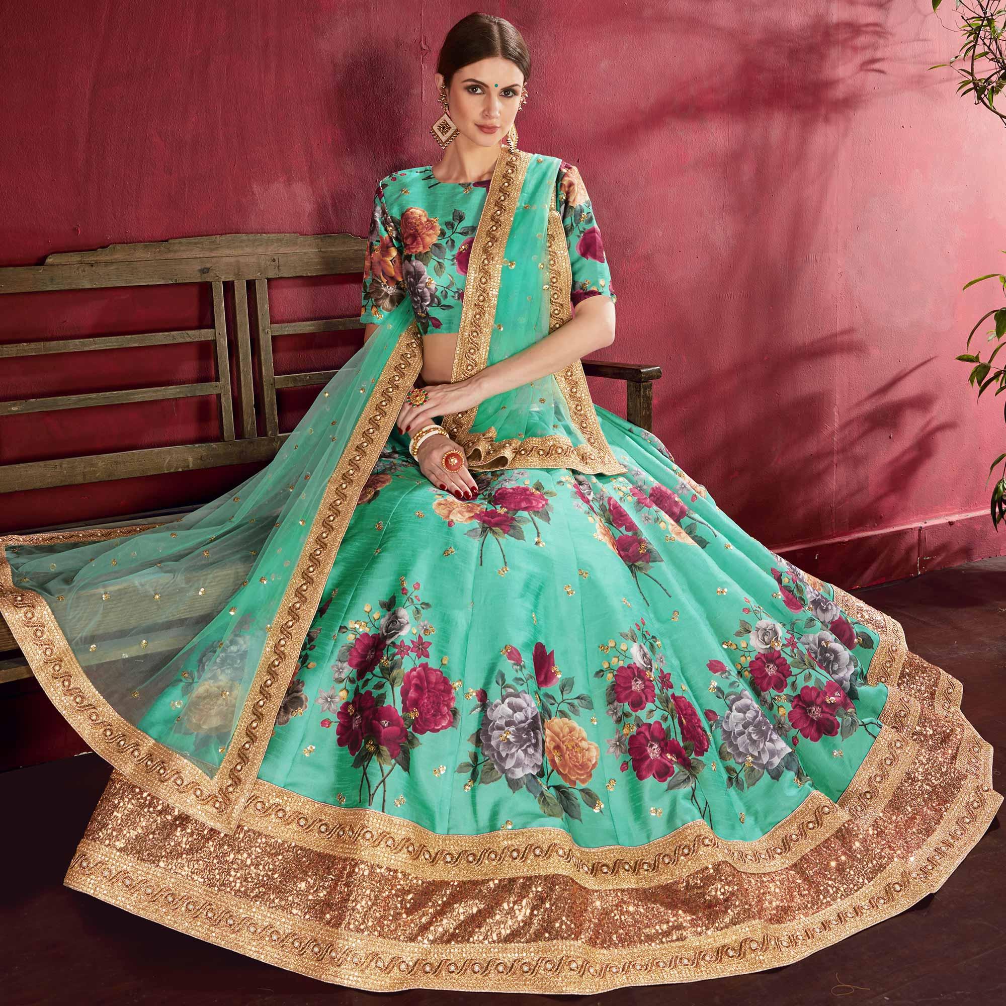 Desiring Green Colored Partywear Designer Embroidered Art Silk Lehenga Choli - Peachmode