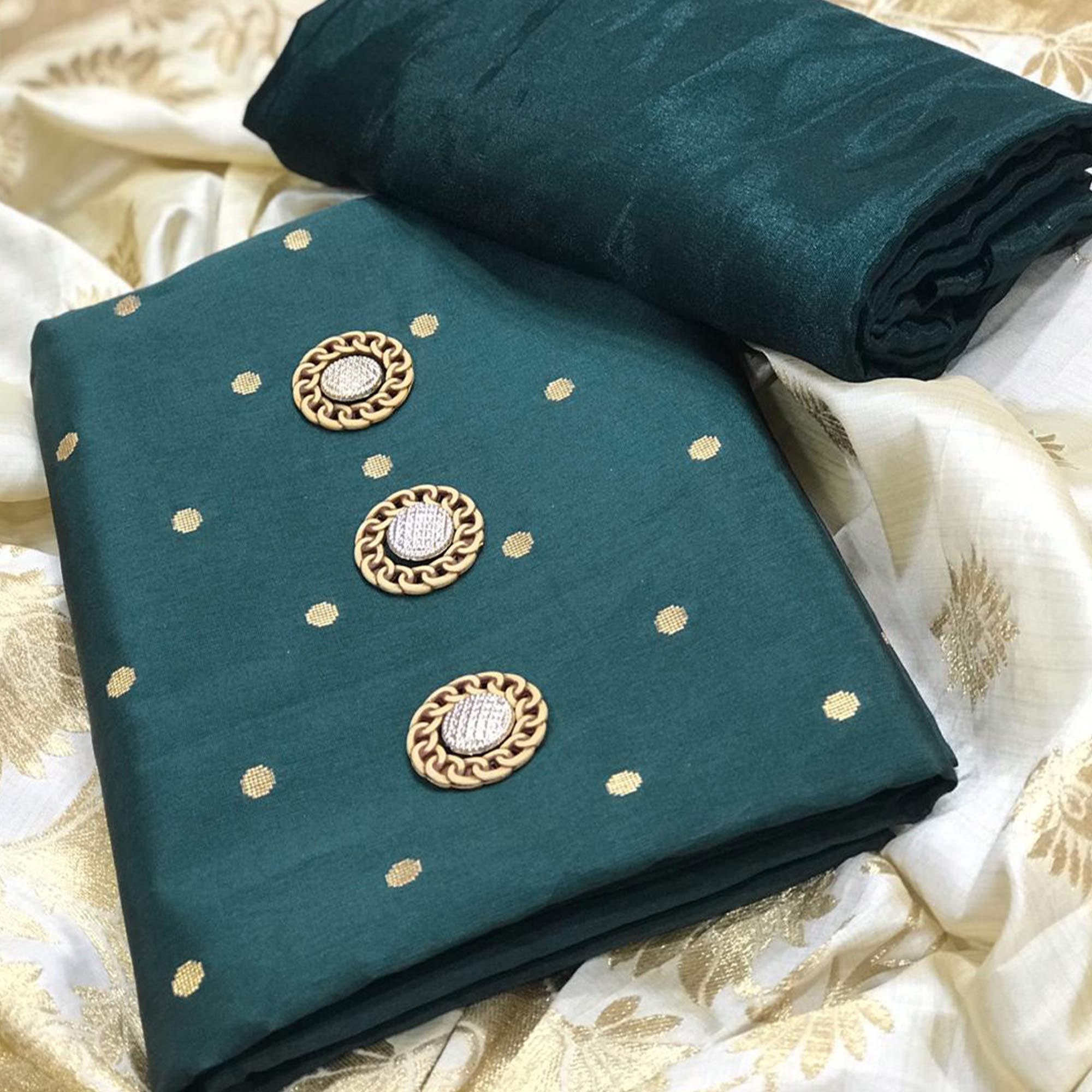Desiring Green Woven Satin Dress Material With Banarasi Silk Dupatta - Peachmode