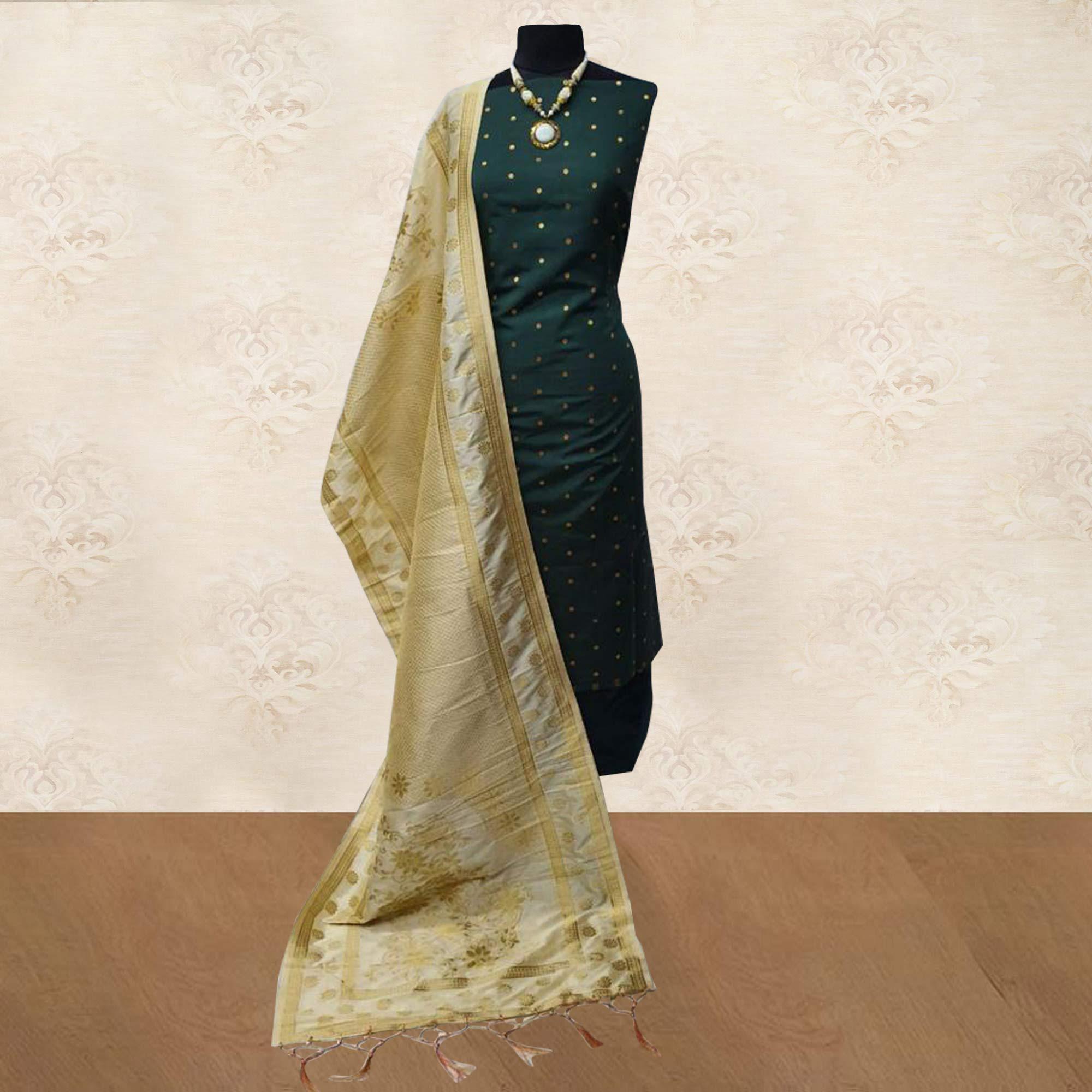 Desiring Green Woven Satin Dress Material With Banarasi Silk Dupatta - Peachmode