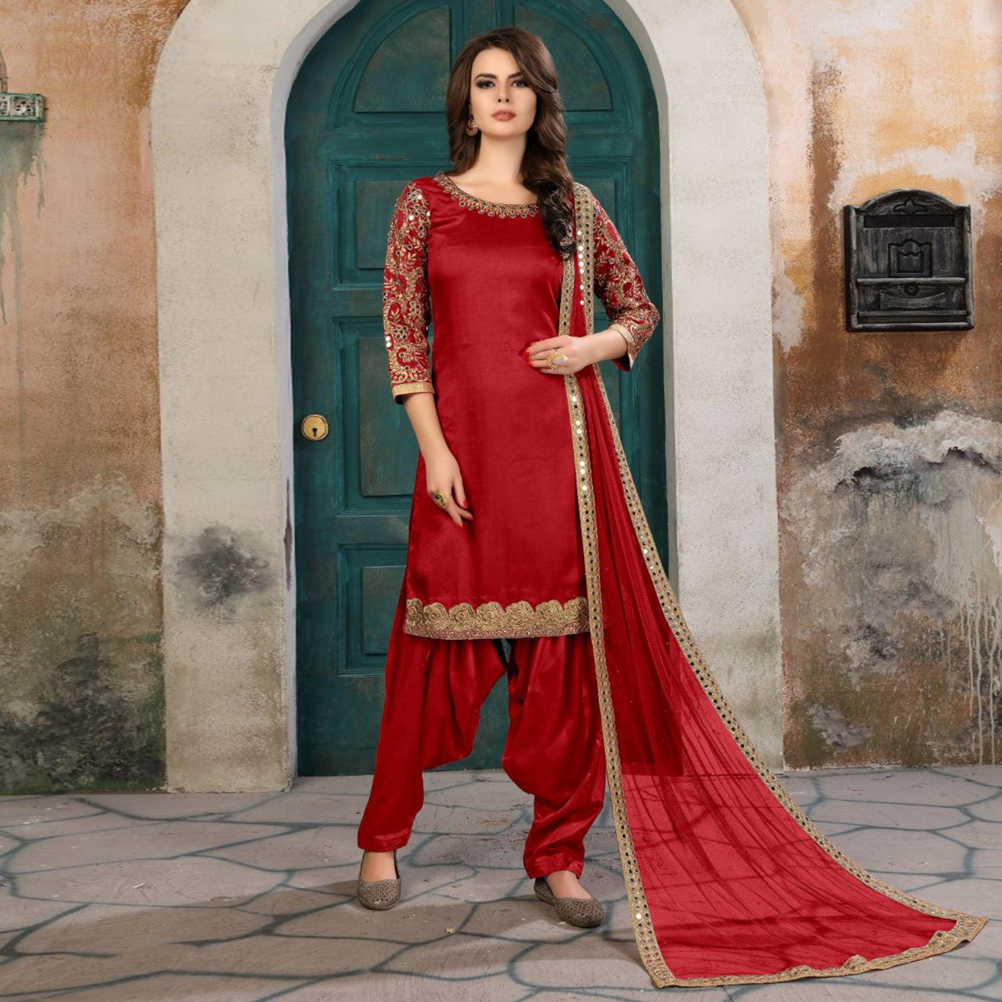 Desiring Red Colored Partywear Embroidered Art Silk Salwar Suit - Peachmode