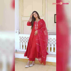 Red Embroidered Muslin Anarkali Suit