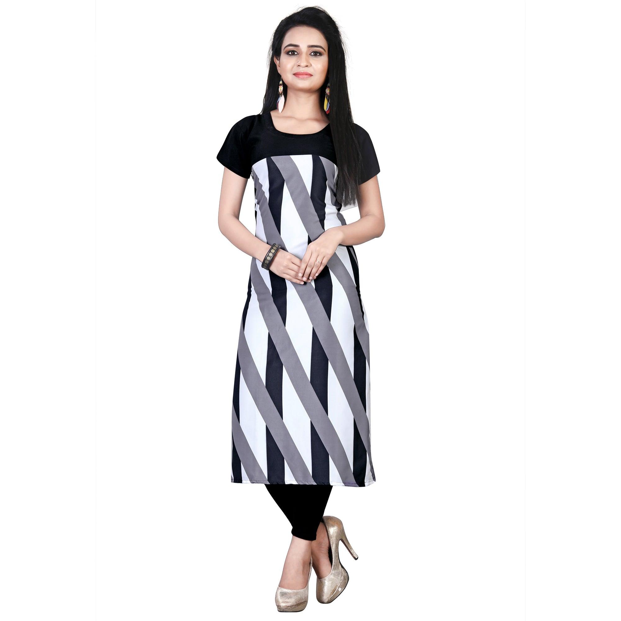 Different Black-White Colored Casual Printed Crepe Kurti - Peachmode