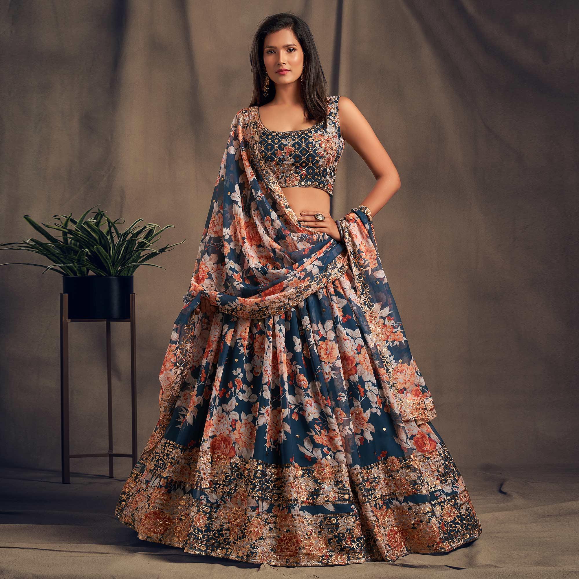 Dove Blue Partywear Floral Print With Sequin Zari Embroidered Organza Lehenga Choli - Peachmode