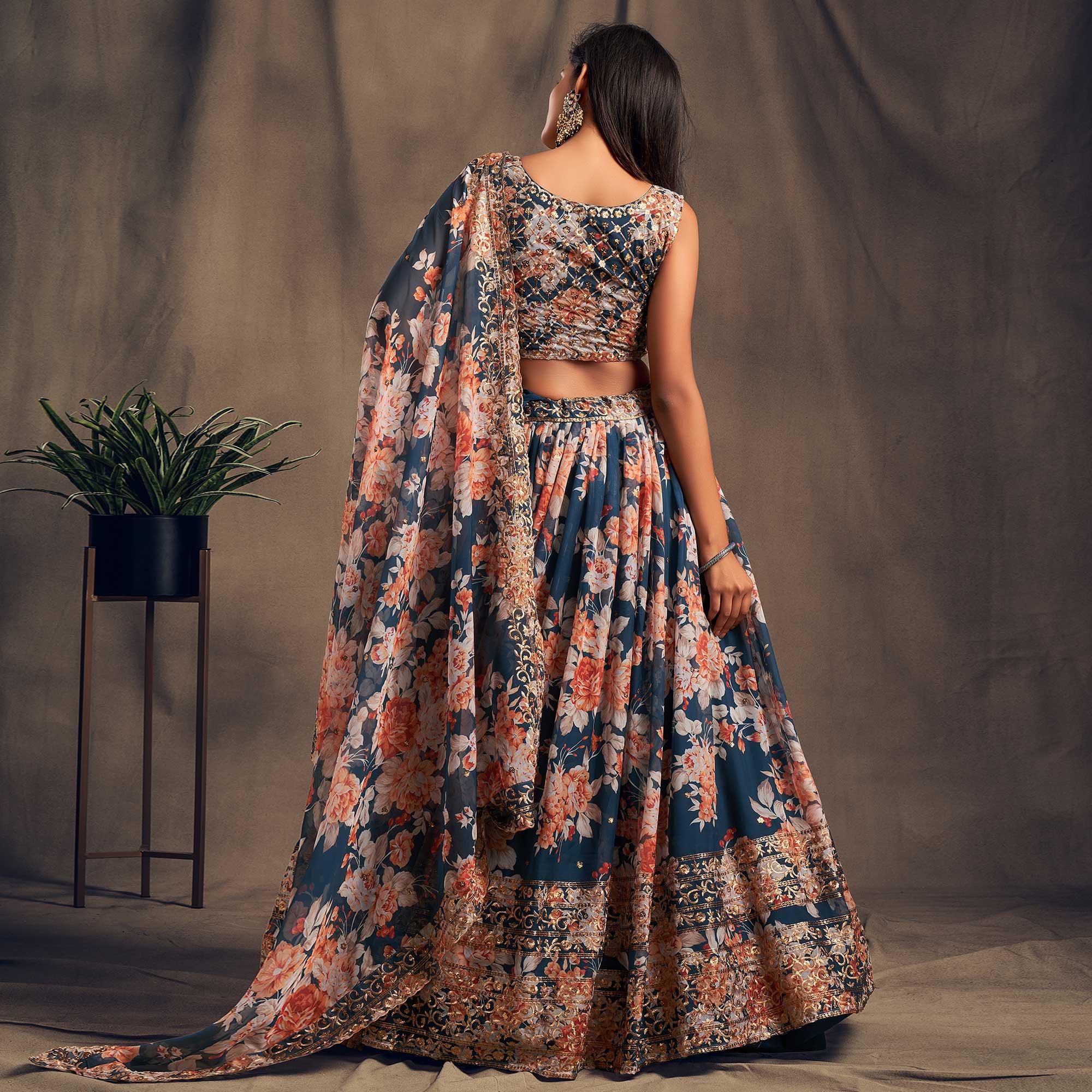 Dove Blue Partywear Floral Print With Sequin Zari Embroidered Organza Lehenga Choli - Peachmode