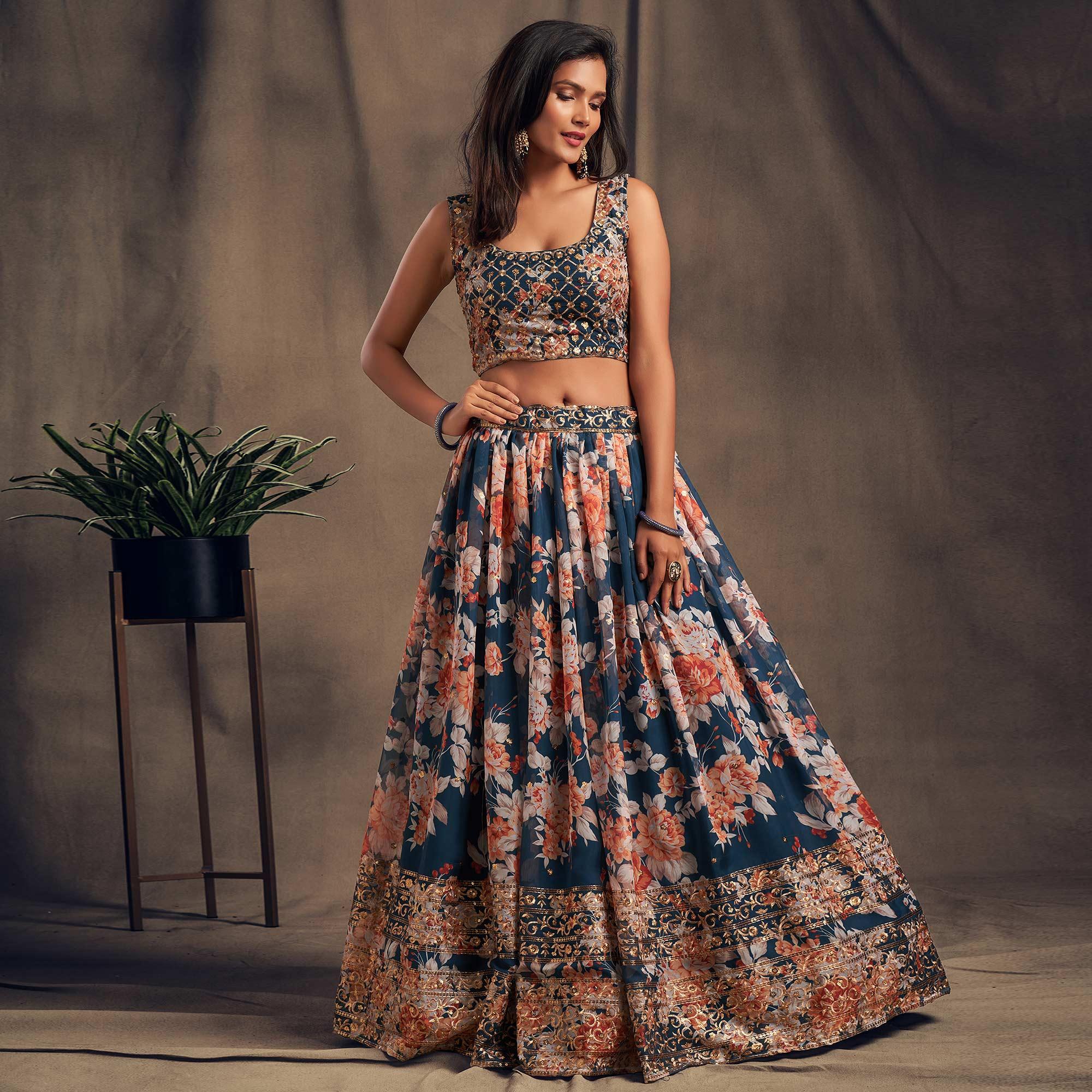 Dove Blue Partywear Floral Print With Sequin Zari Embroidered Organza Lehenga Choli - Peachmode