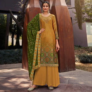 Drak Yellow & Green Party Wear Floral Embroidery With Digital Printed Jam Satin Suit - Peachmode