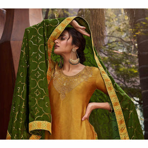 Drak Yellow & Green Party Wear Floral Embroidery With Digital Printed Jam Satin Suit - Peachmode
