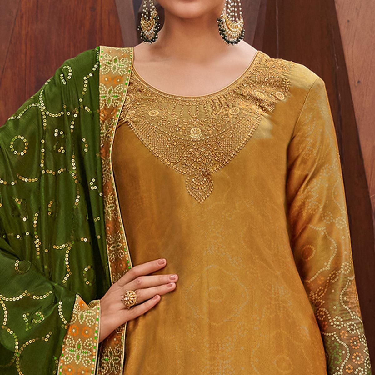 Drak Yellow & Green Party Wear Floral Embroidery With Digital Printed Jam Satin Suit - Peachmode