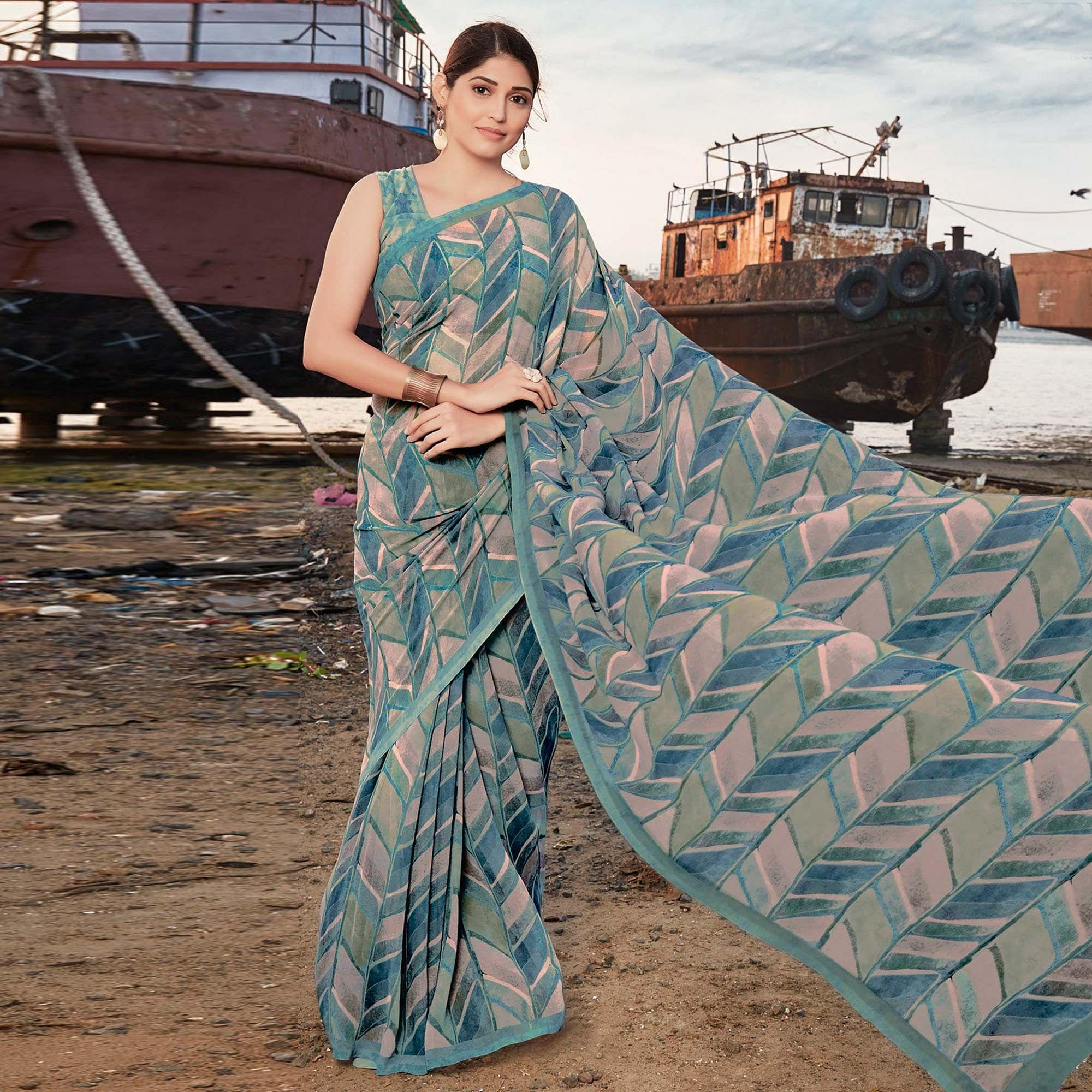 Dusty-Blue Shades Festive Wear Floral Printed Georgette Saree - Peachmode