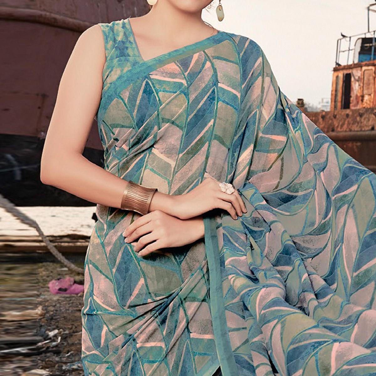 Dusty-Blue Shades Festive Wear Floral Printed Georgette Saree - Peachmode
