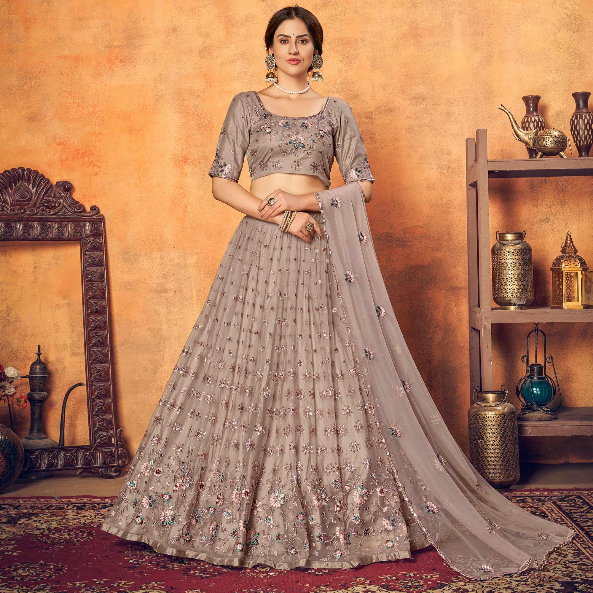 Dusty Brown Festive Wear Thread With Floral Sequence Embroidered Net Lehenga Choli - Peachmode