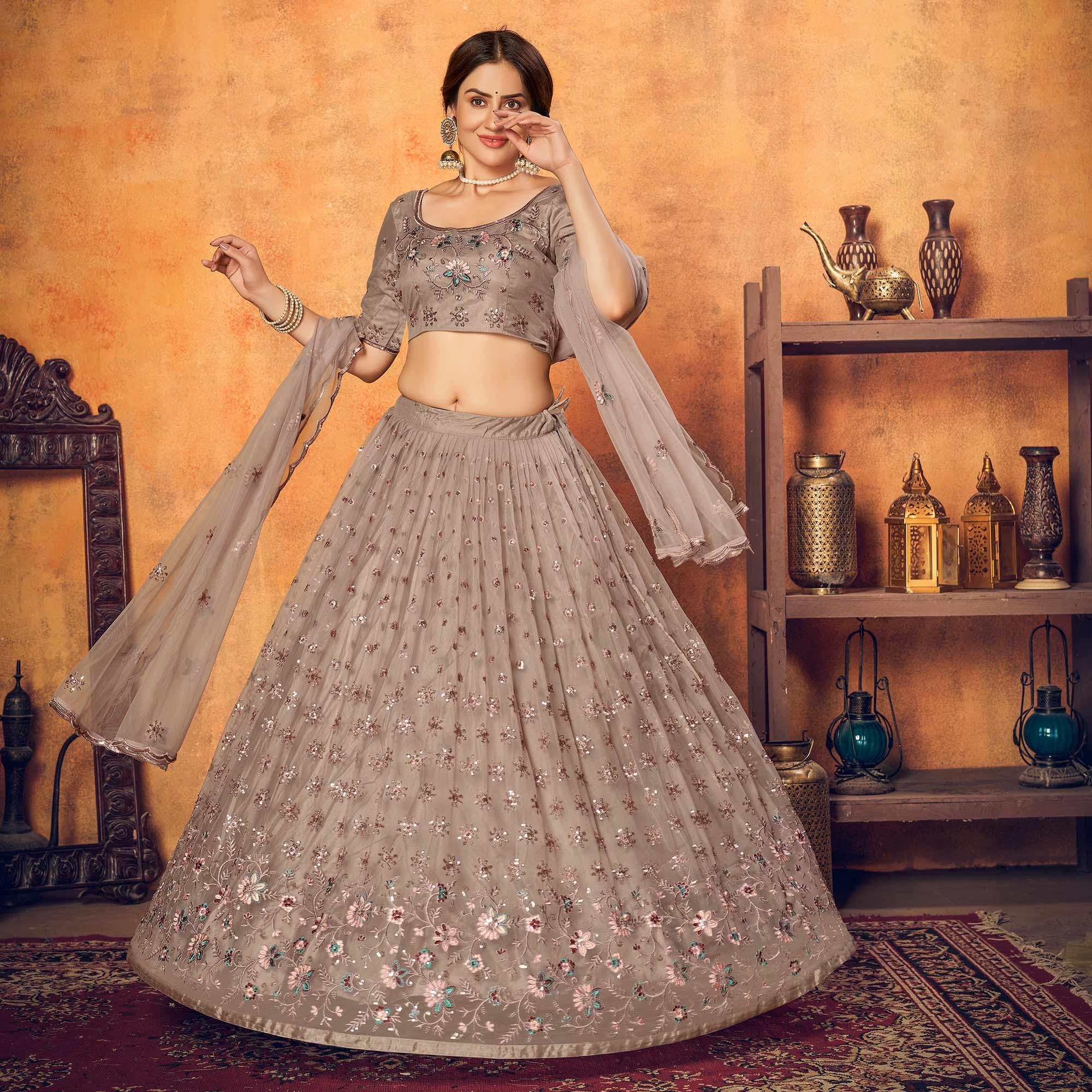 Dusty Brown Festive Wear Thread With Floral Sequence Embroidered Net Lehenga Choli - Peachmode
