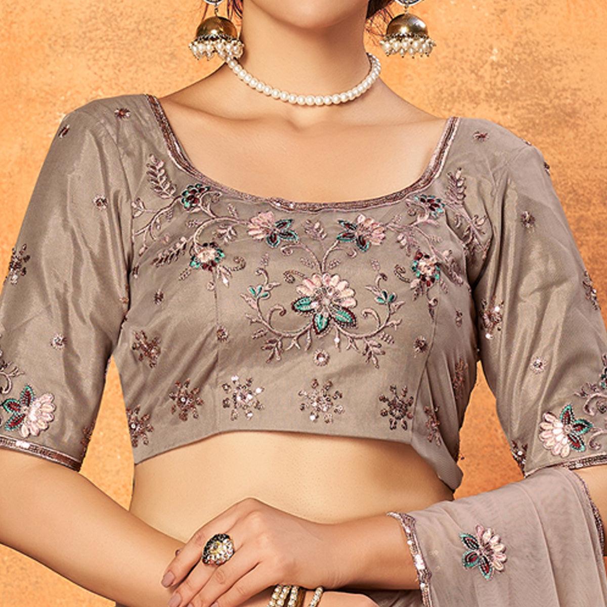 Dusty Brown Festive Wear Thread With Floral Sequence Embroidered Net Lehenga Choli - Peachmode