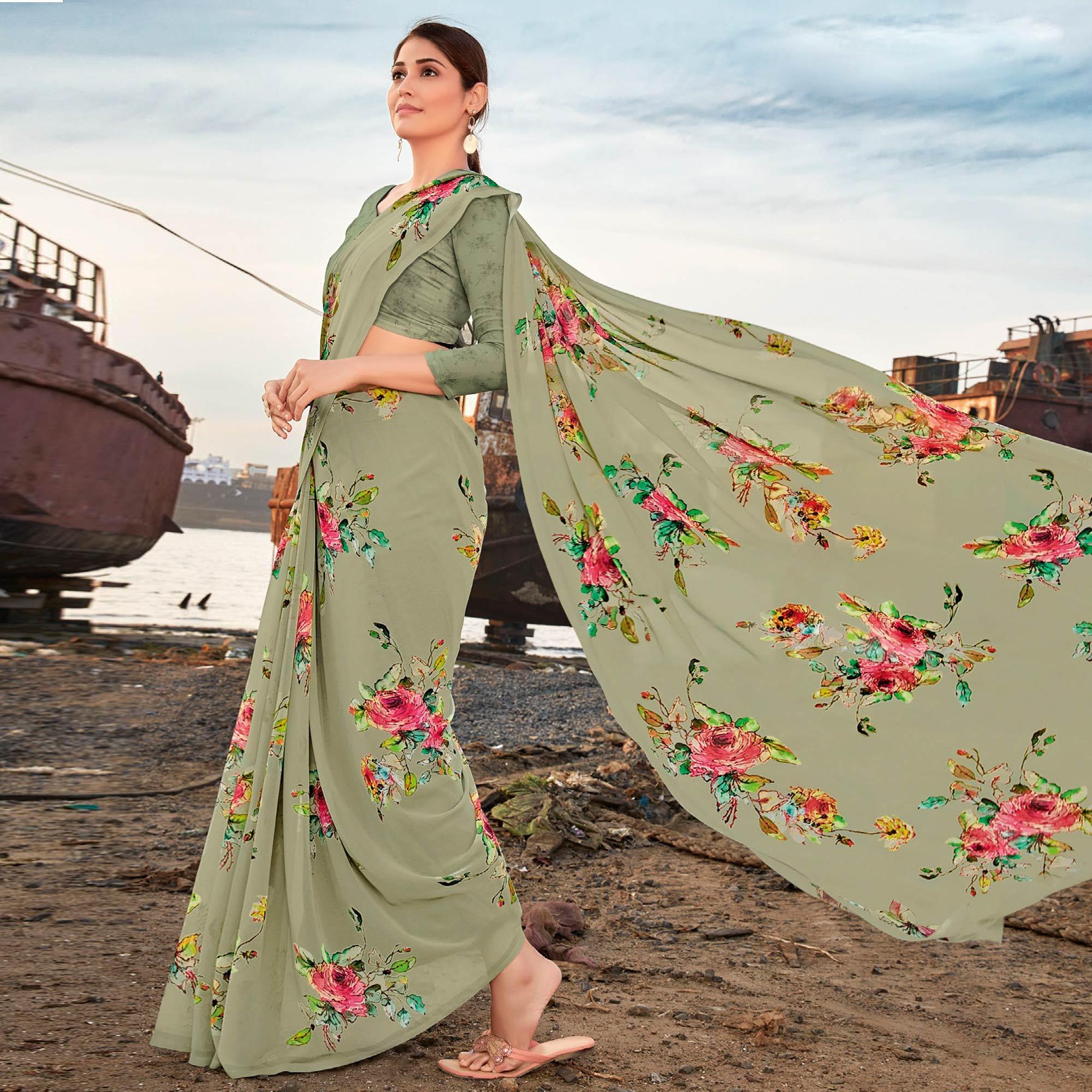 Dusty-Green Festive Wear Floral Printed Georgette Saree - Peachmode