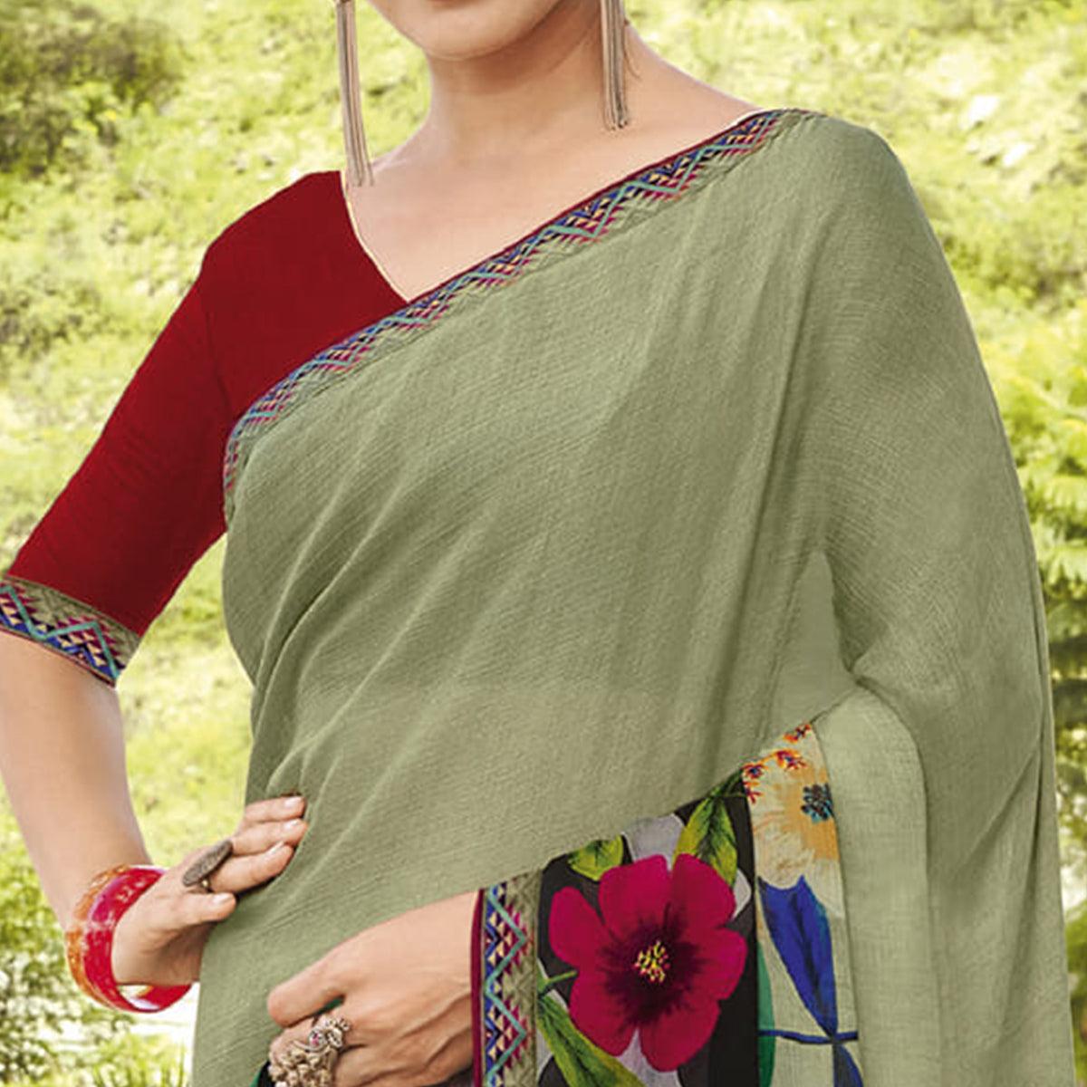 Dusty Green - Multicolored Partywear Floral Printed Chiffon Saree - Peachmode
