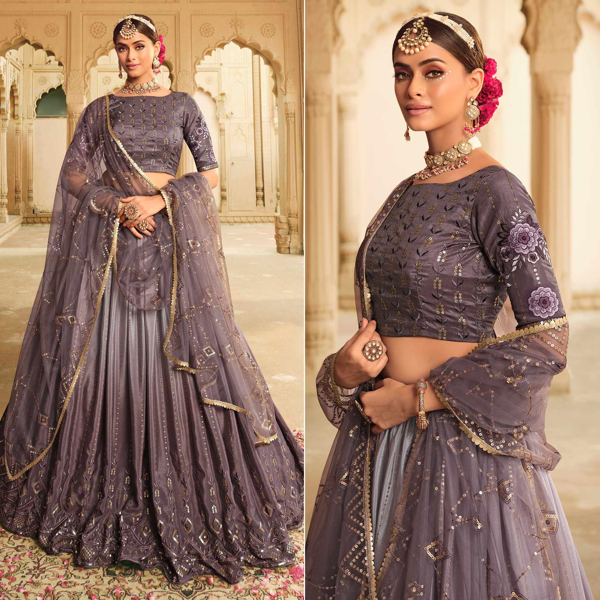 Dusty Grey Sequence Embroidered Art Silk Lehenga Choli - Peachmode