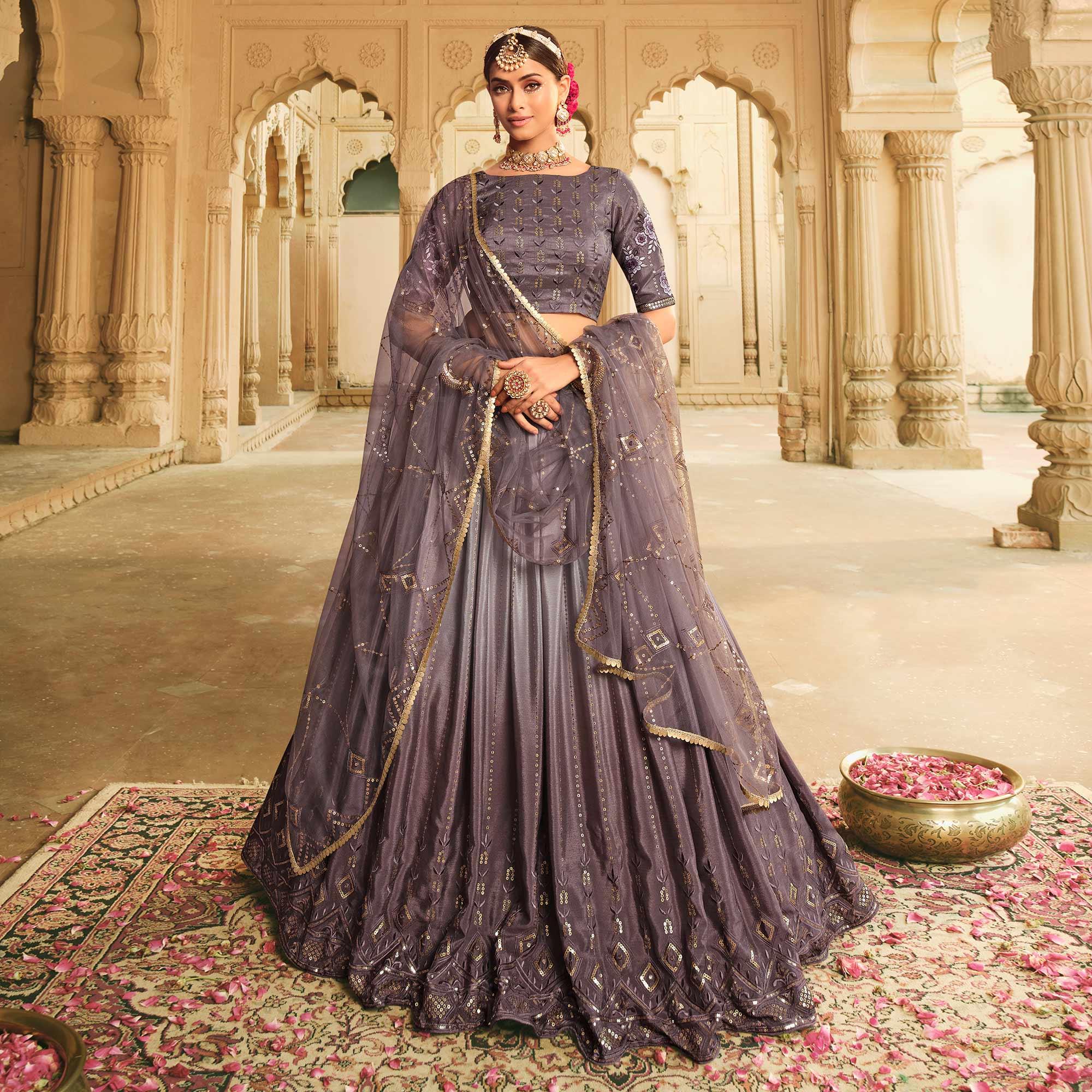 Dusty Grey Sequence Embroidered Art Silk Lehenga Choli - Peachmode