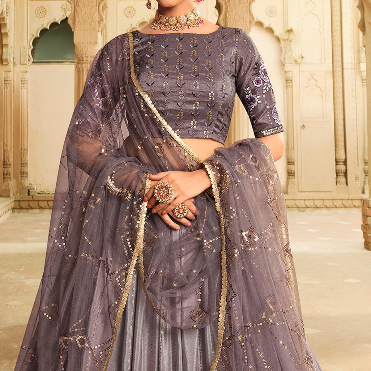 Dusty Grey Sequence Embroidered Art Silk Lehenga Choli - Peachmode