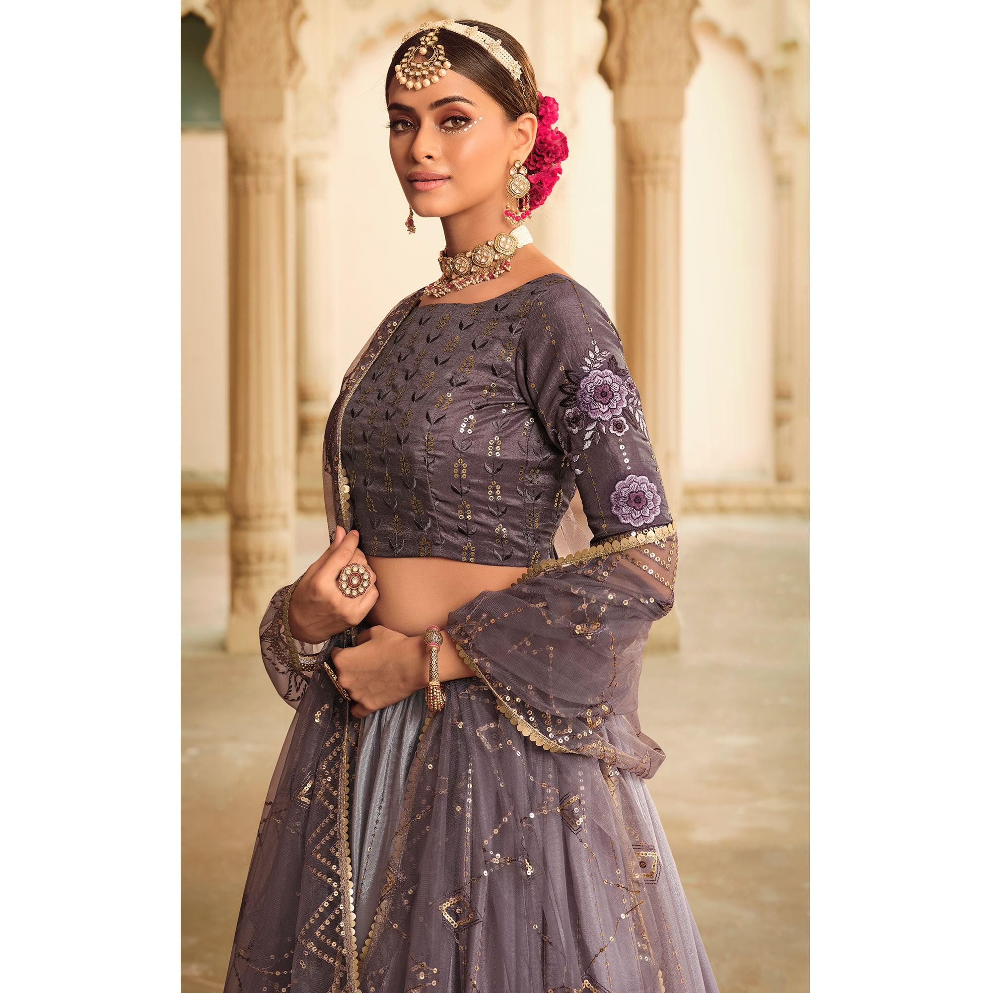 Dusty Grey Sequence Embroidered Art Silk Lehenga Choli - Peachmode