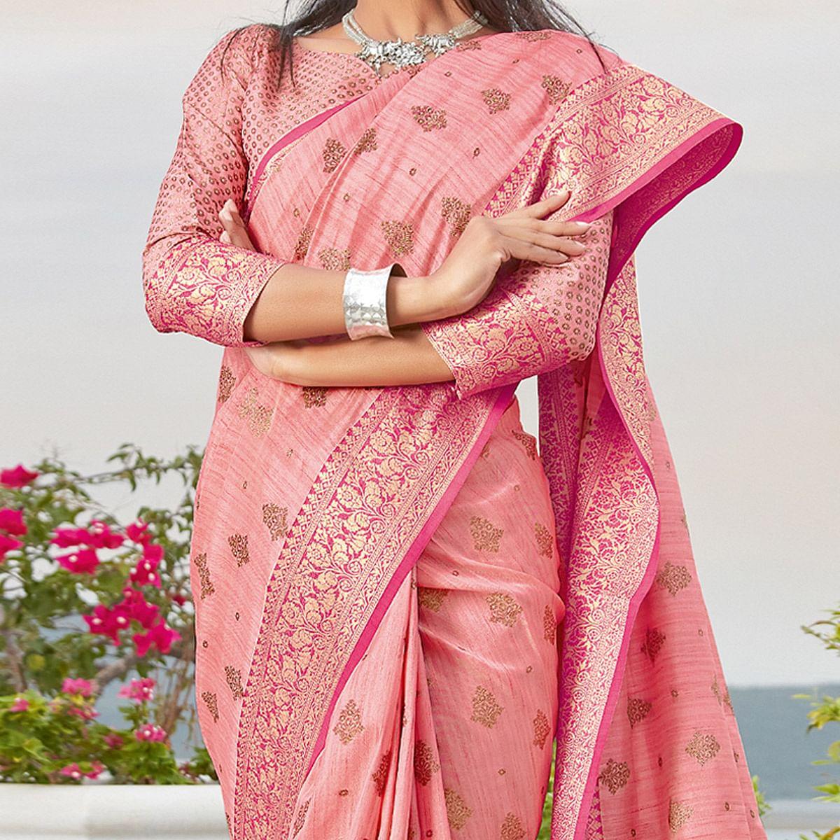 Dusty Pink Casual Wear Woven Cotton Handloom Saree - Peachmode