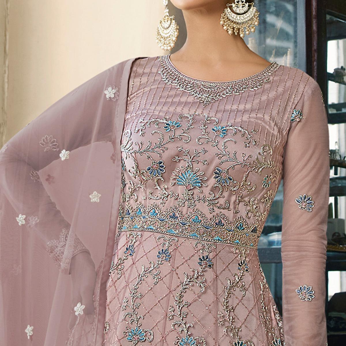 Dusty Pink Embroidered Netted Anarkali Style Gown - Peachmode