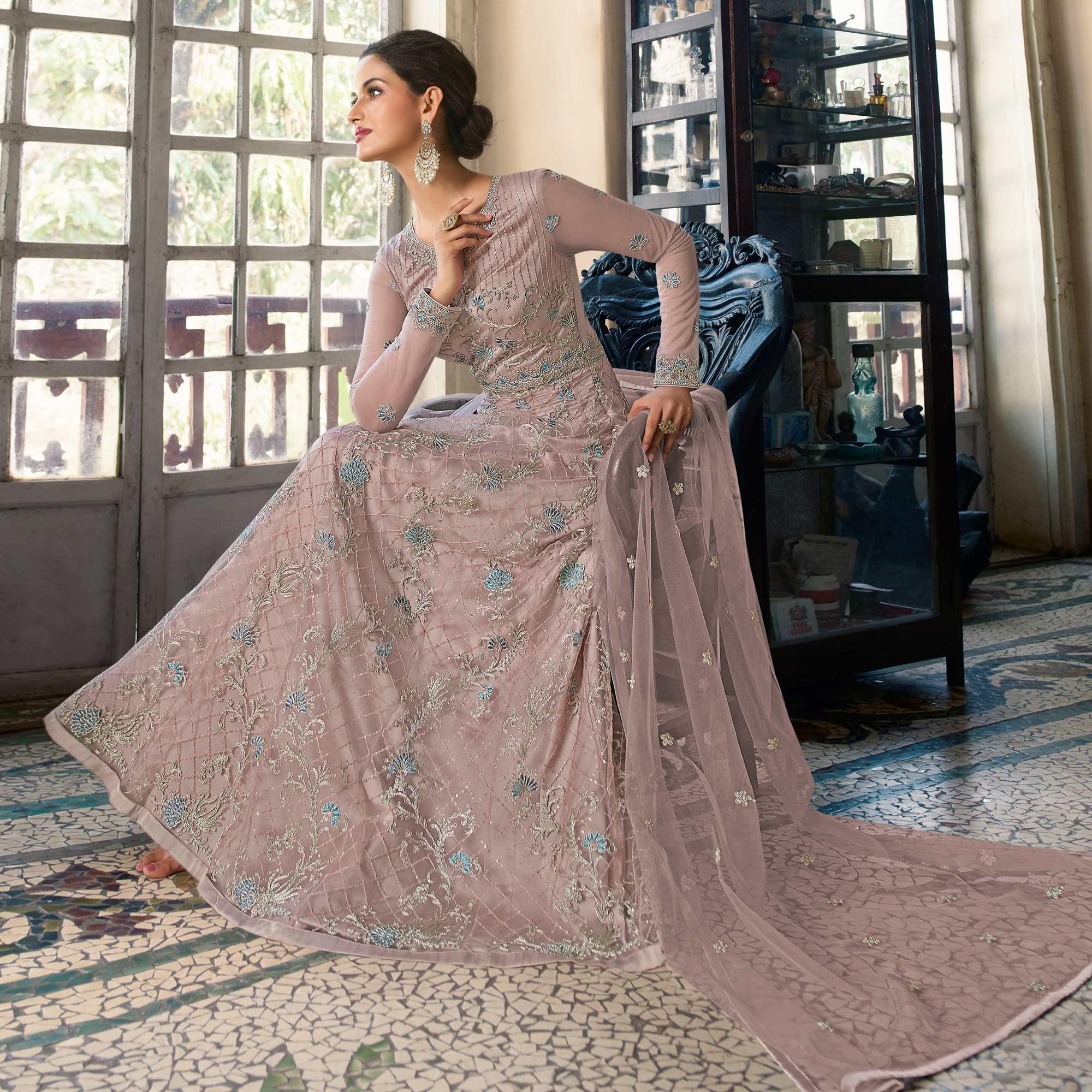 Dusty Pink Embroidered Netted Anarkali Style Gown - Peachmode