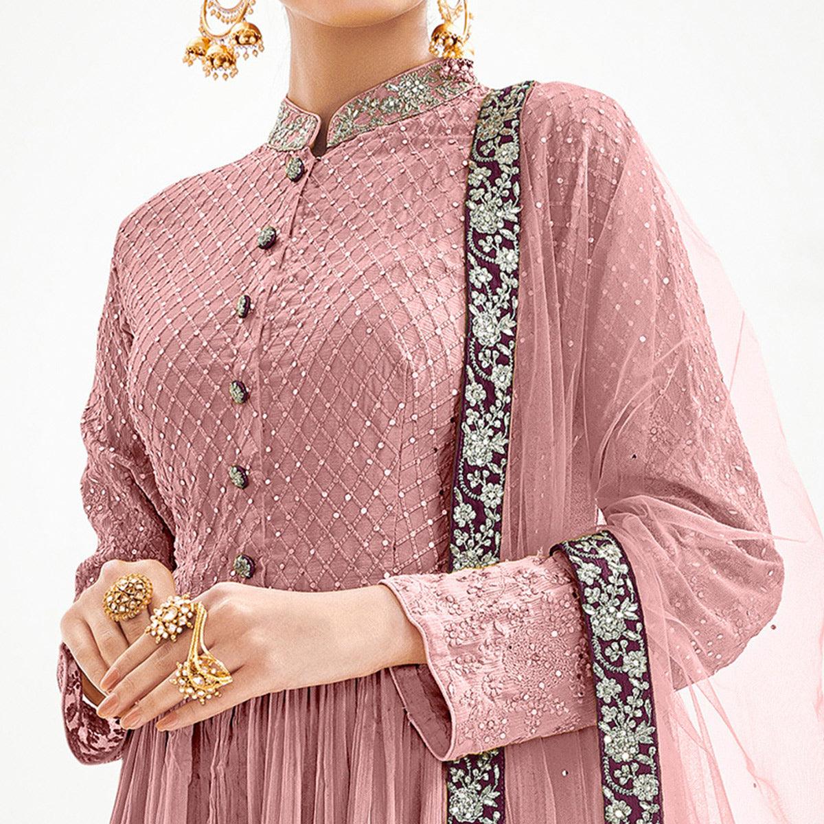 Dusty Pink Floral Embroidered Chiffon Palazzo Suit - Peachmode