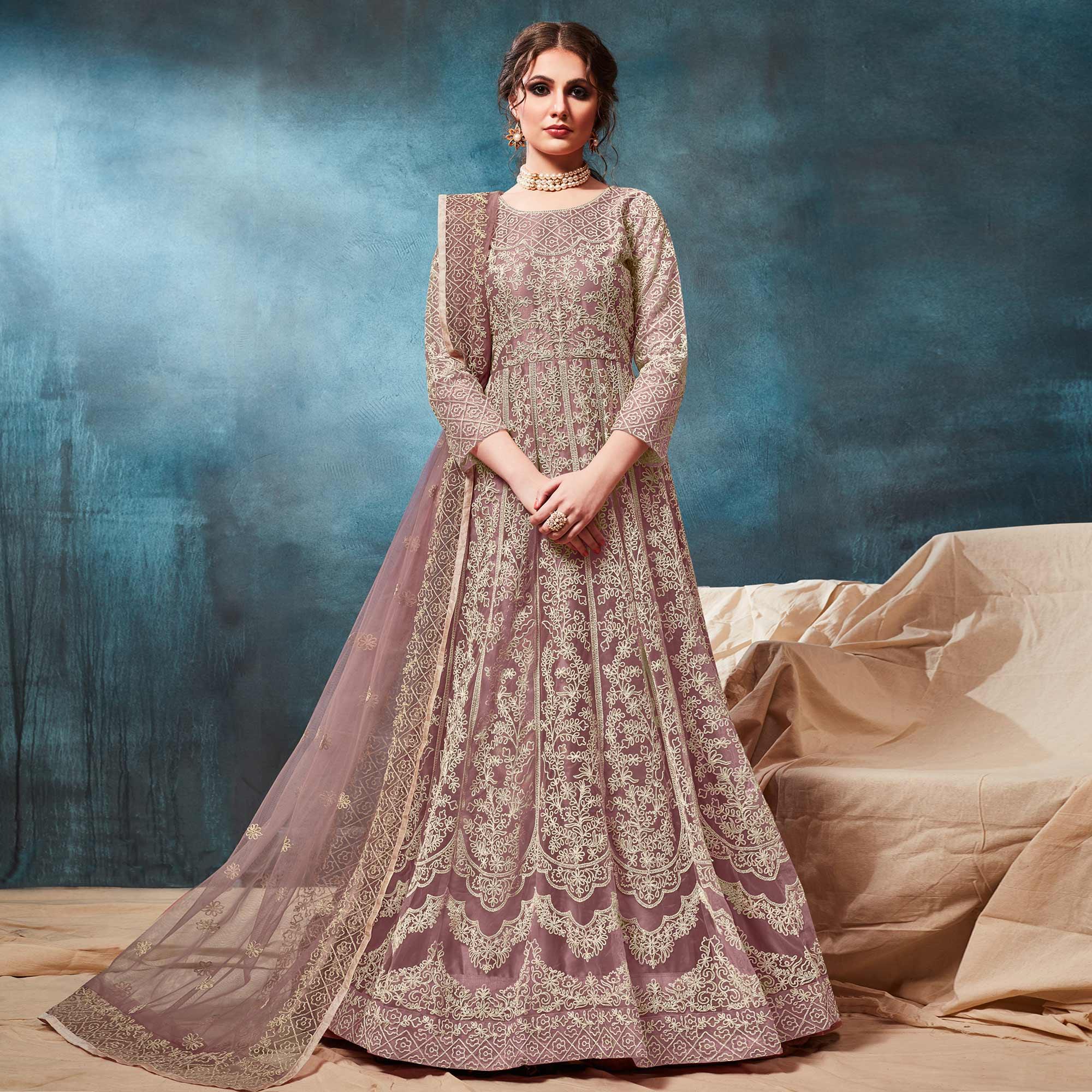 Dusty Pink Floral Embroidered Net Anarkali Style Gown - Peachmode