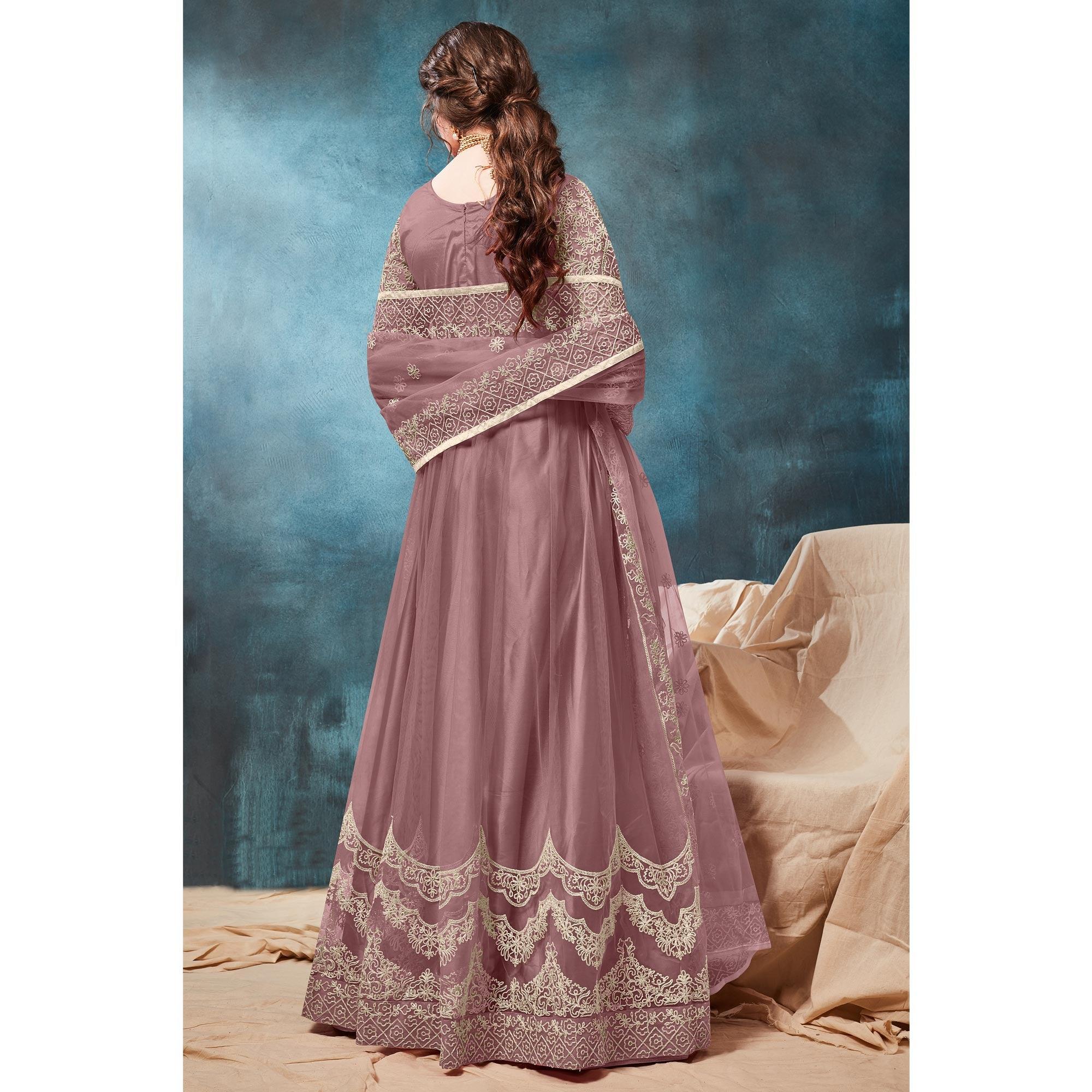 Dusty Pink Floral Embroidered Net Anarkali Style Gown - Peachmode