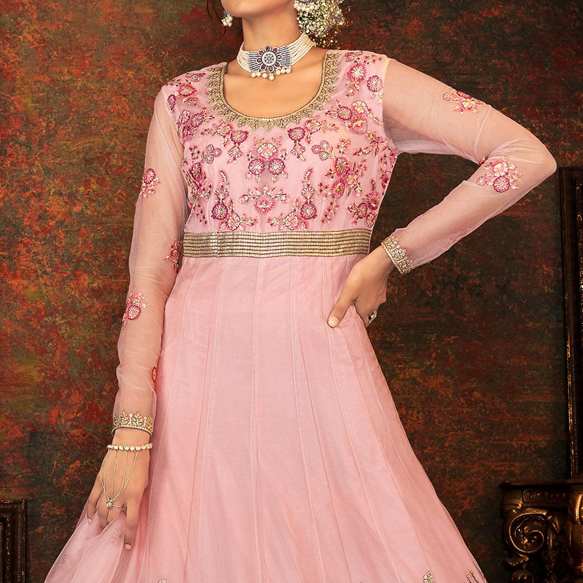 Dusty Pink Floral Embroidered Net Partywear Gown - Peachmode