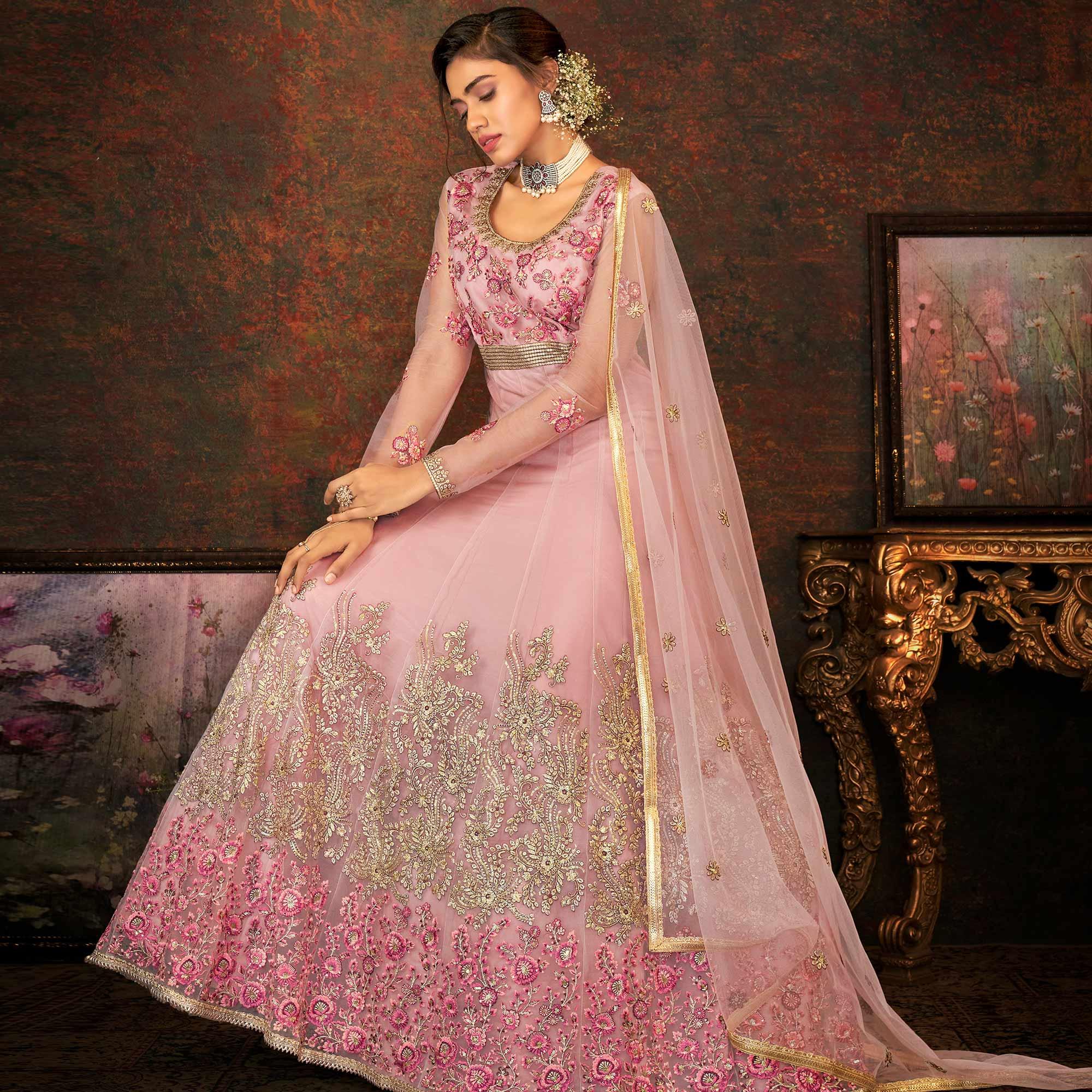 Dusty Pink Floral Embroidered Net Partywear Gown - Peachmode