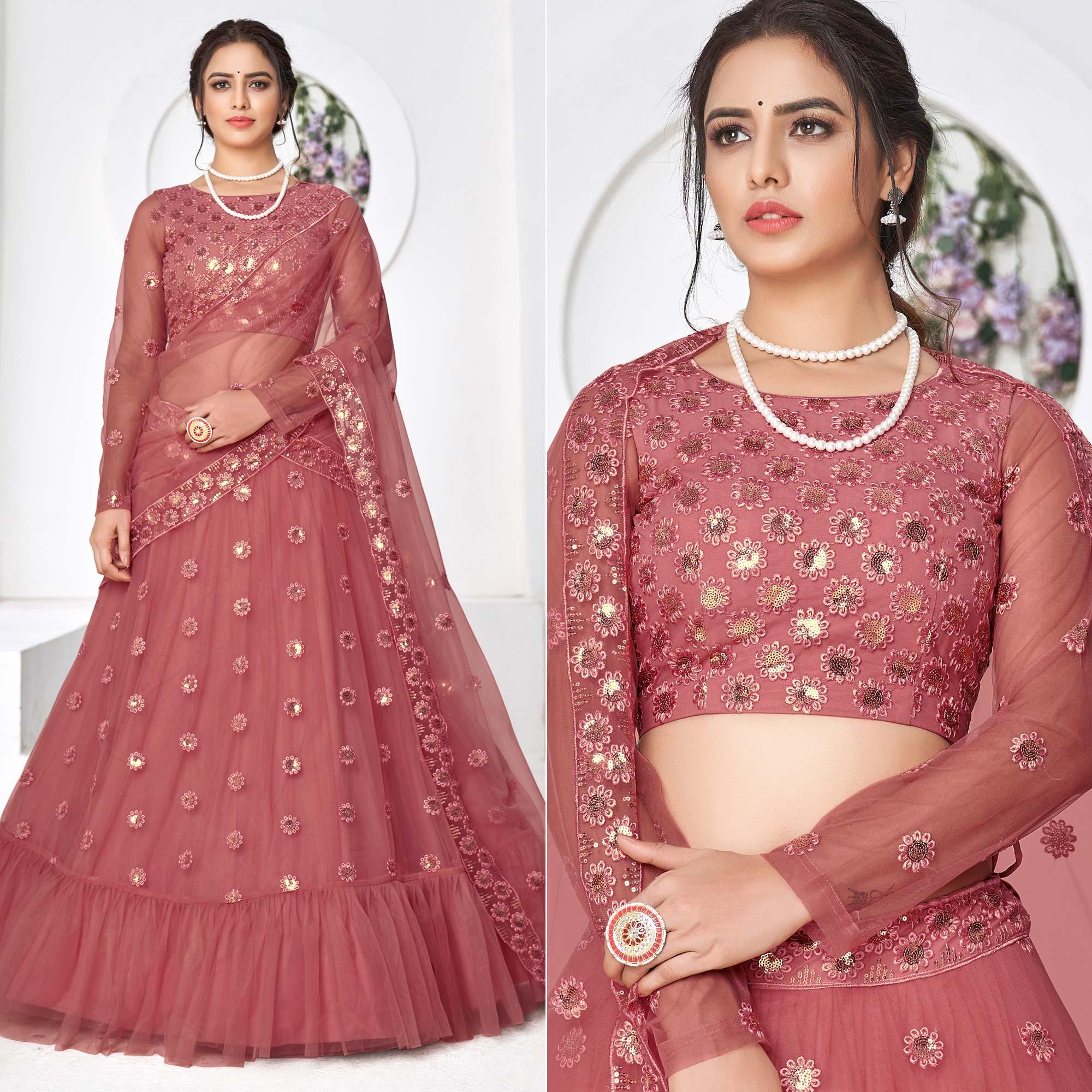 Dusty Pink Floral Sequence Embroidered Net Lehenga Choli - Peachmode