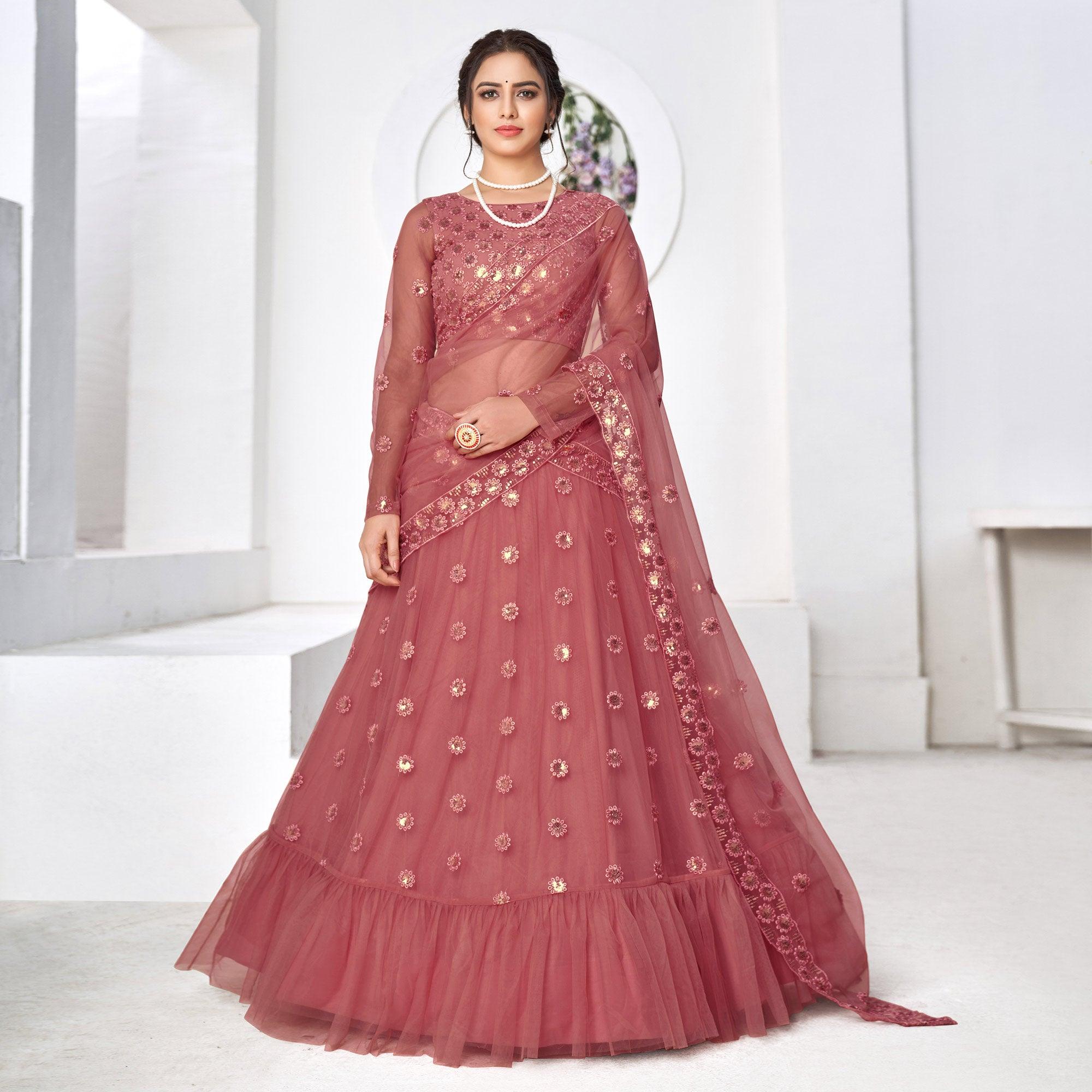 Dusty Pink Floral Sequence Embroidered Net Lehenga Choli - Peachmode