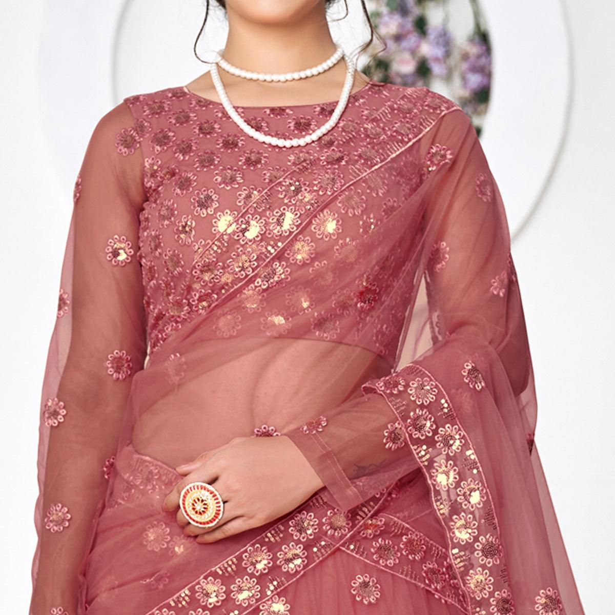 Dusty Pink Floral Sequence Embroidered Net Lehenga Choli - Peachmode