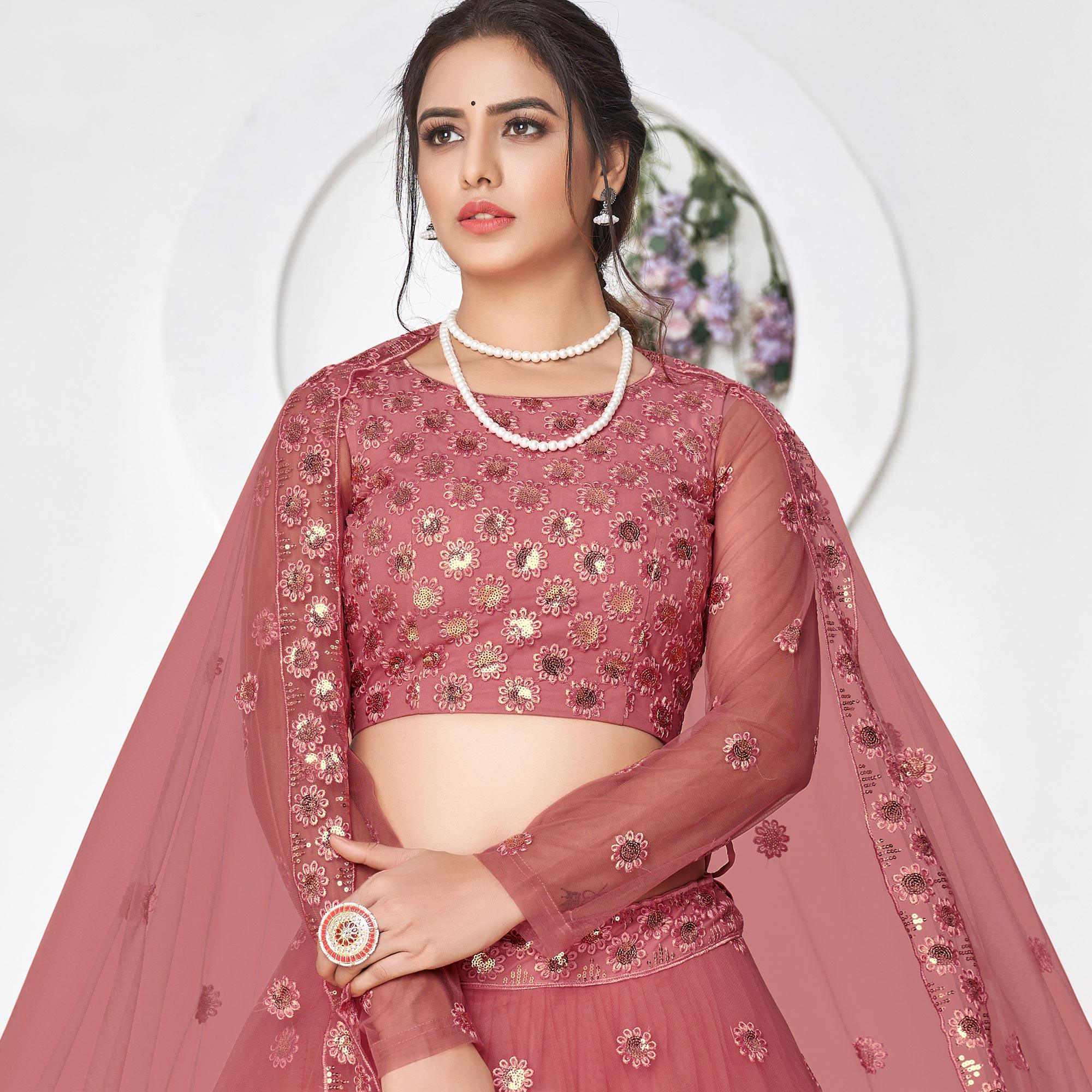 Dusty Pink Floral Sequence Embroidered Net Lehenga Choli - Peachmode