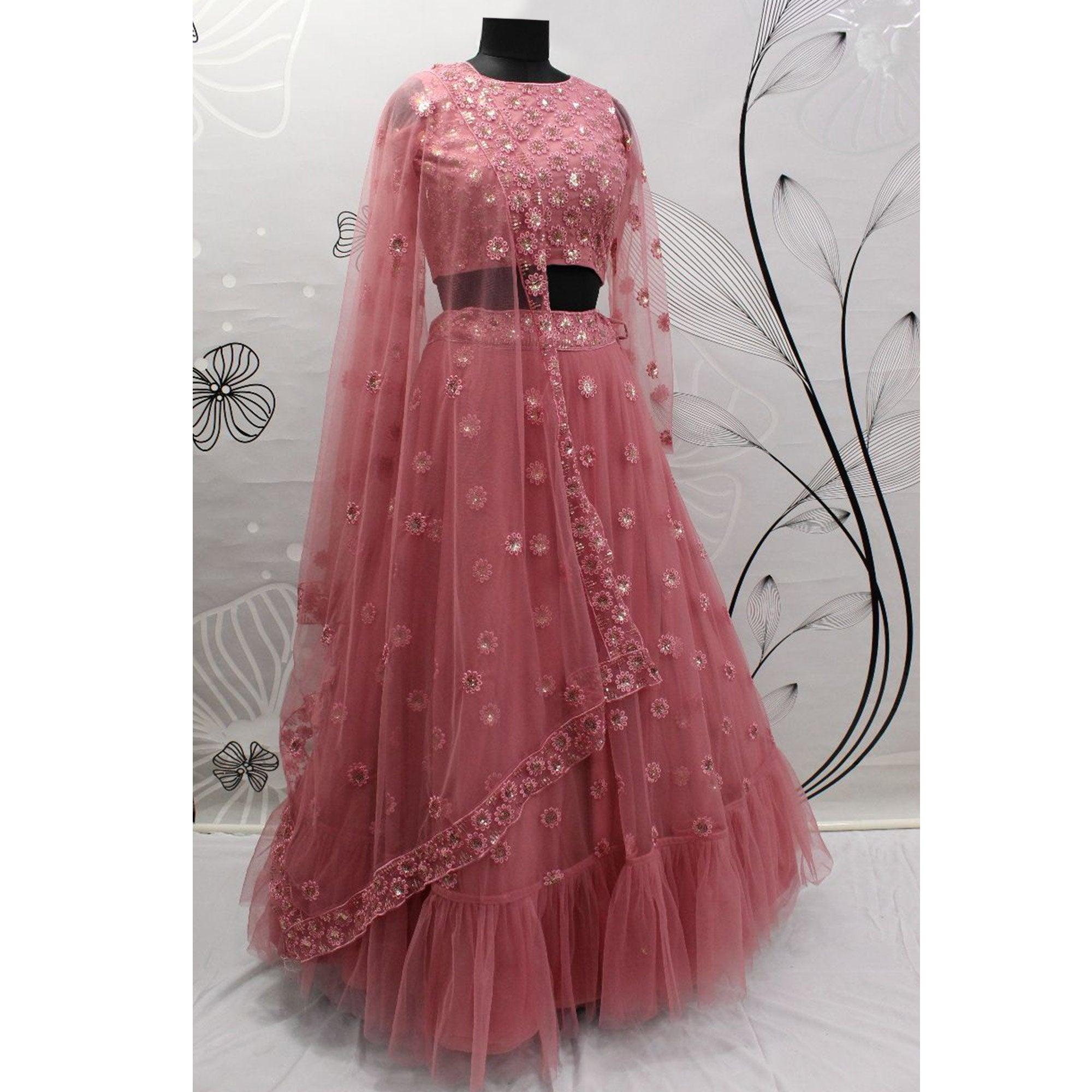 Dusty Pink Floral Sequence Embroidered Net Lehenga Choli - Peachmode