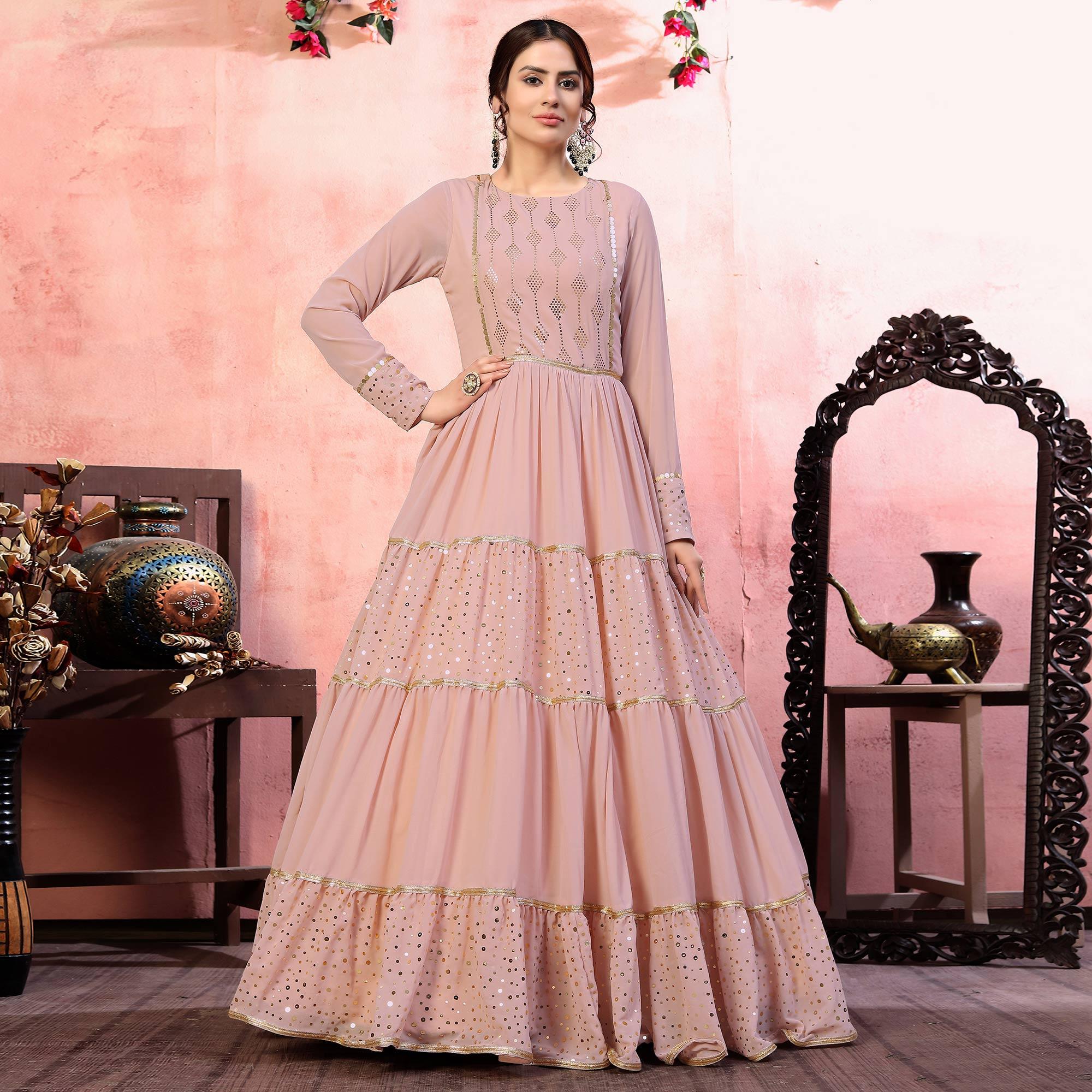 Dusty Pink Golden Sequence Georgette Anarkali Partywear Gown - Peachmode