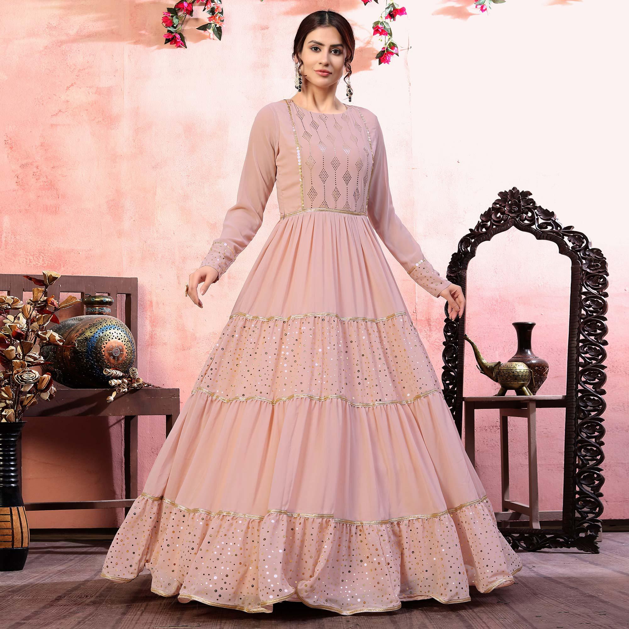 Dusty Pink Golden Sequence Georgette Anarkali Partywear Gown - Peachmode