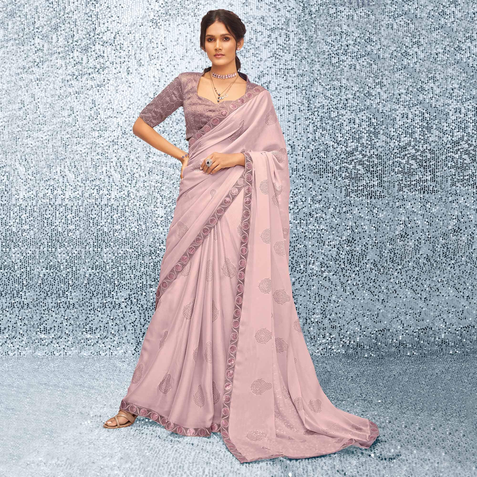 Dusty Pink Sequence Embroidered Chiffon Saree - Peachmode