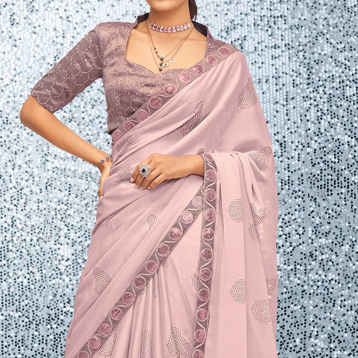 Dusty Pink Sequence Embroidered Chiffon Saree - Peachmode